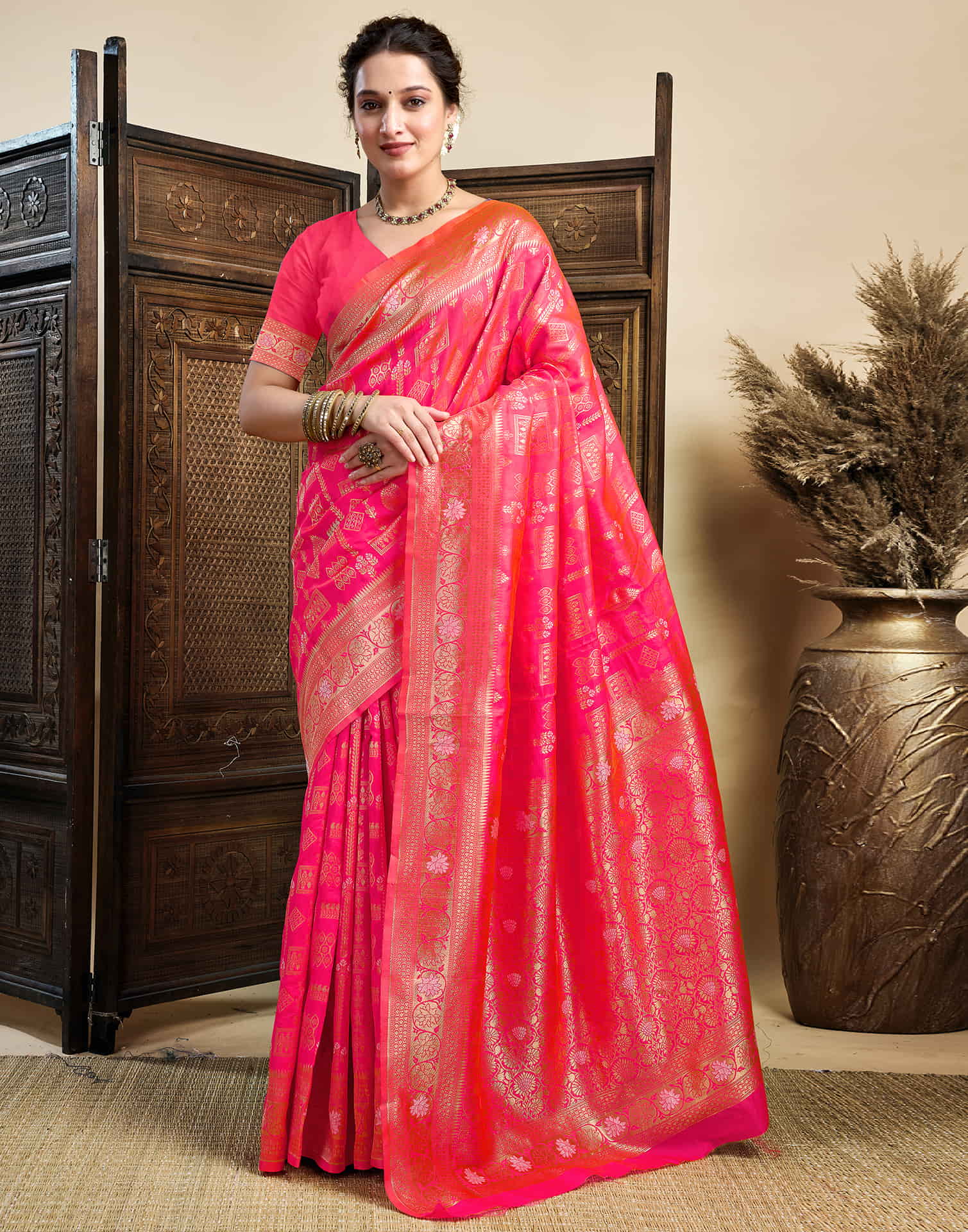 Bright Pink Silk Woven Banarasi Saree