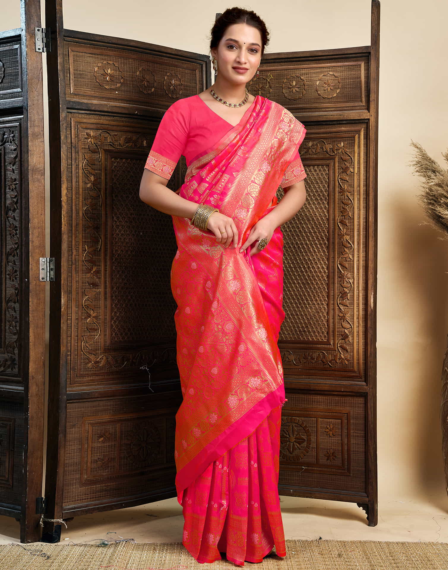 Bright Pink Silk Woven Banarasi Saree