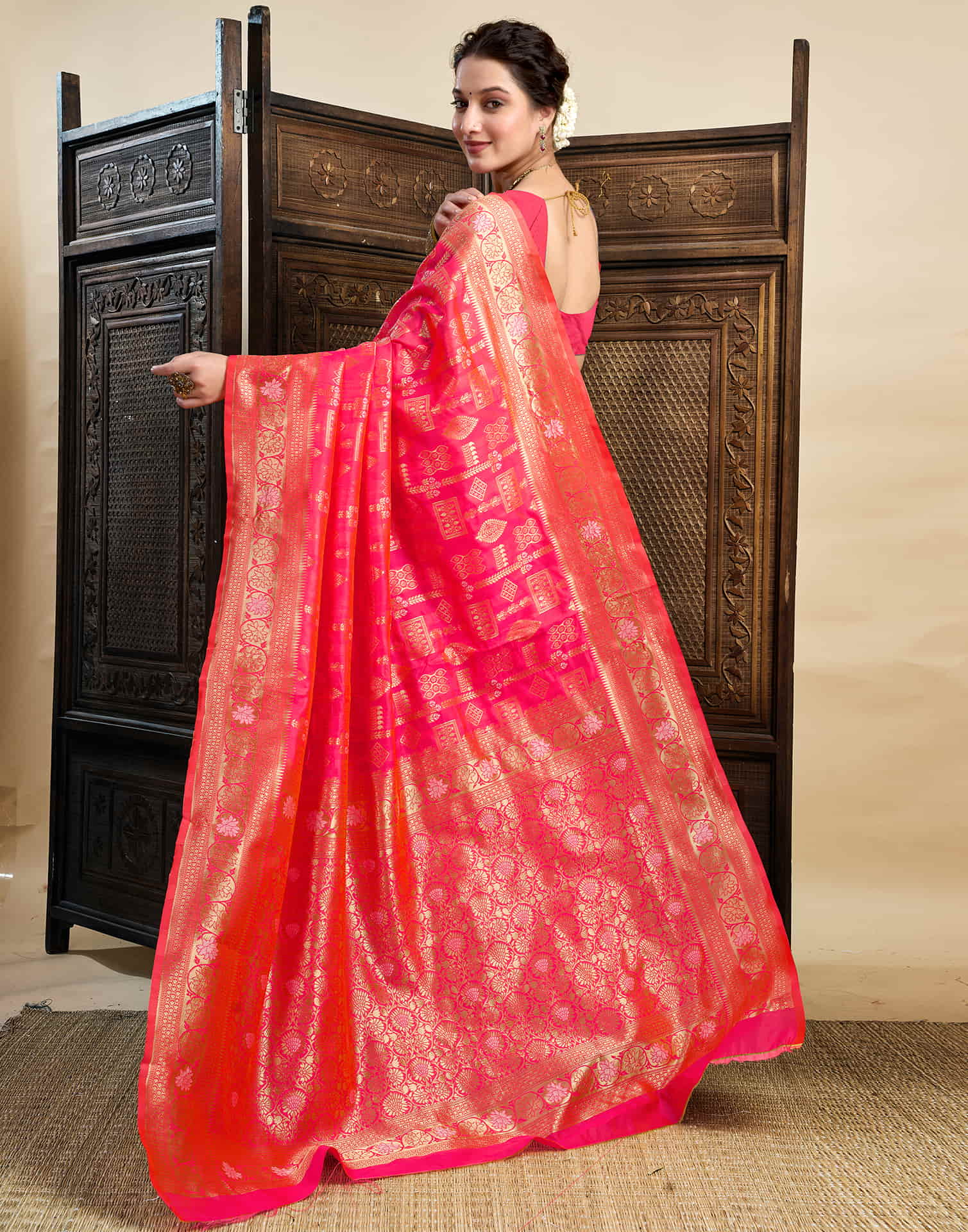 Bright Pink Silk Woven Banarasi Saree