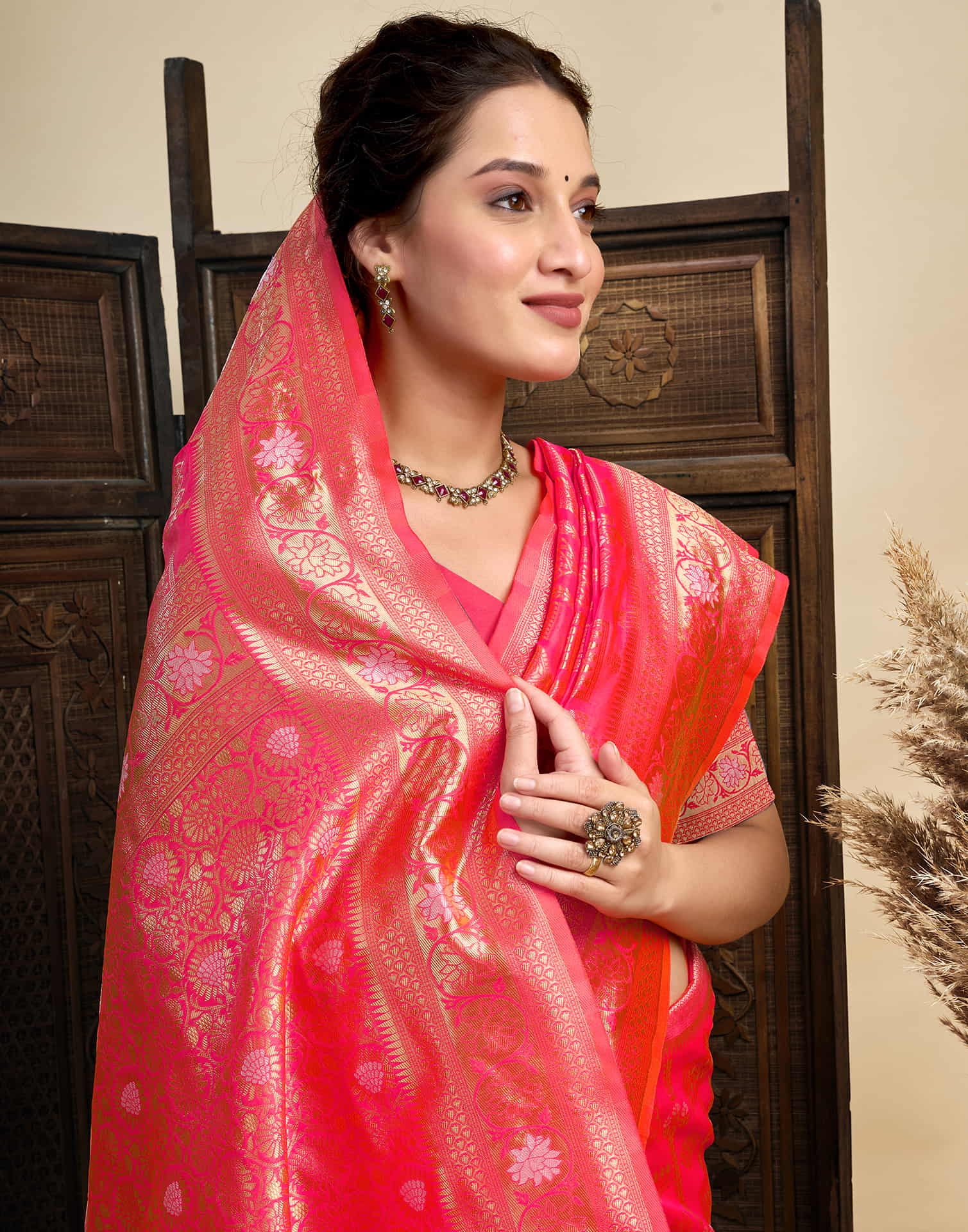 Bright Pink Silk Woven Banarasi Saree