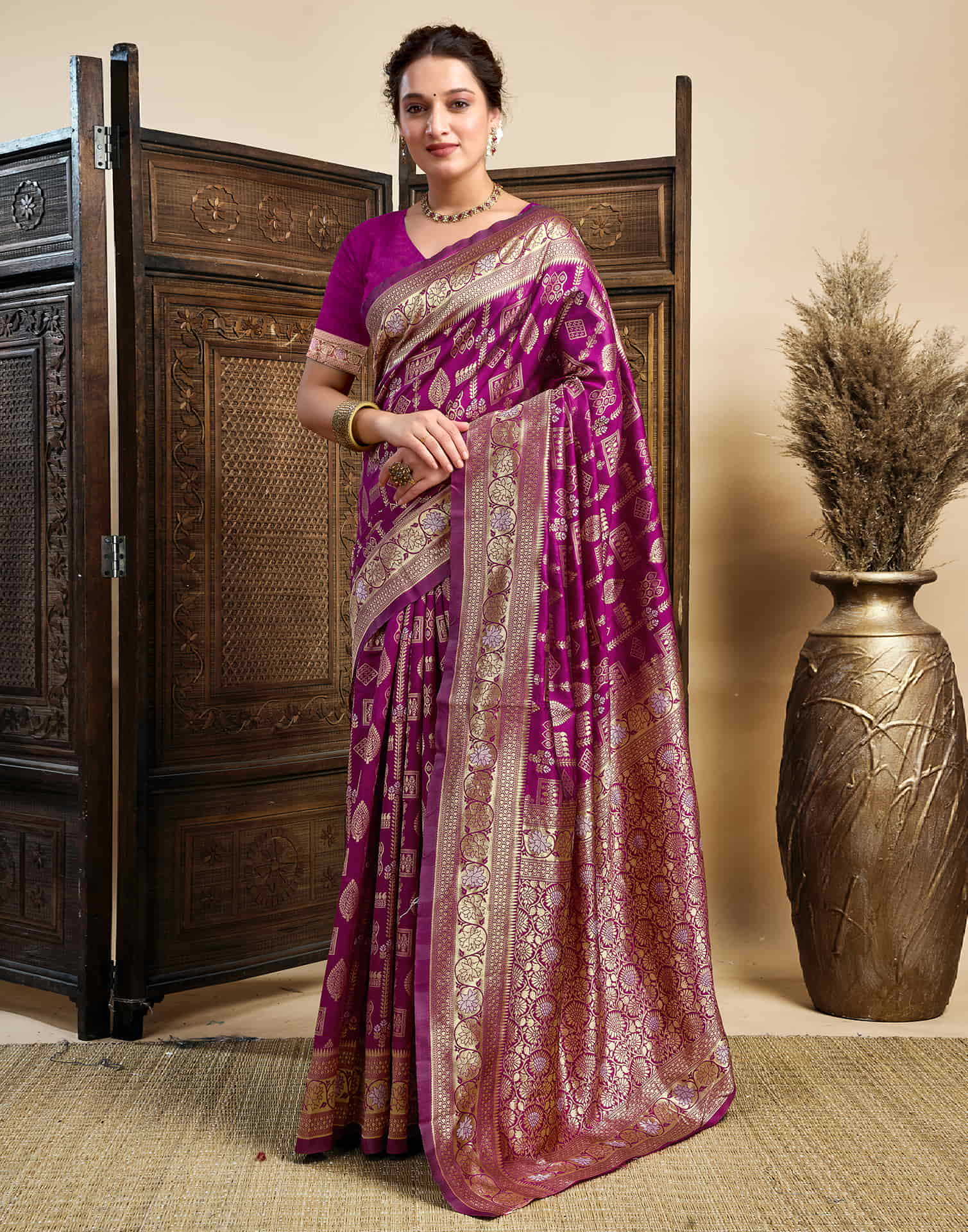 Dark Magenta Silk Woven Banarasi Saree