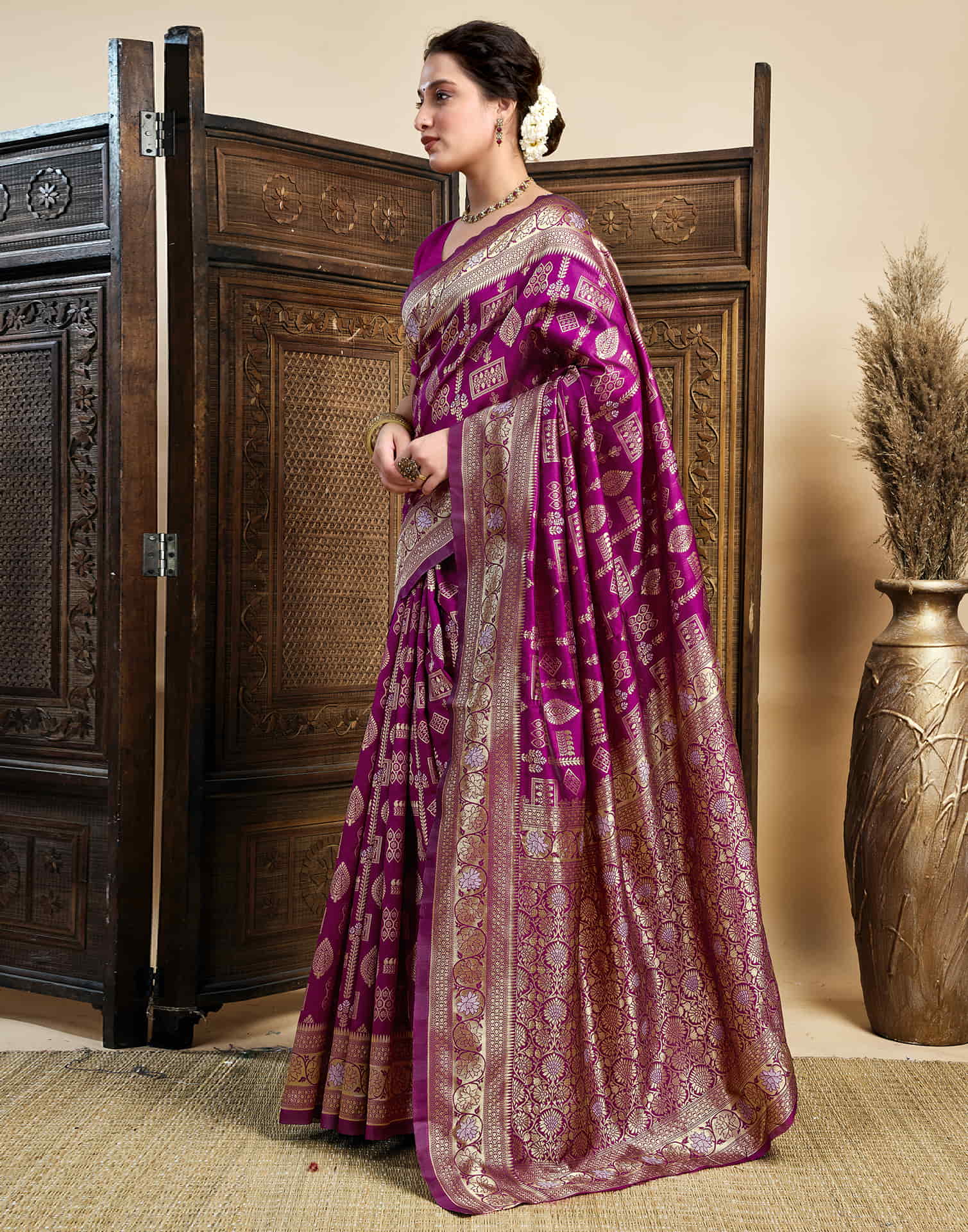 Dark Magenta Silk Woven Banarasi Saree