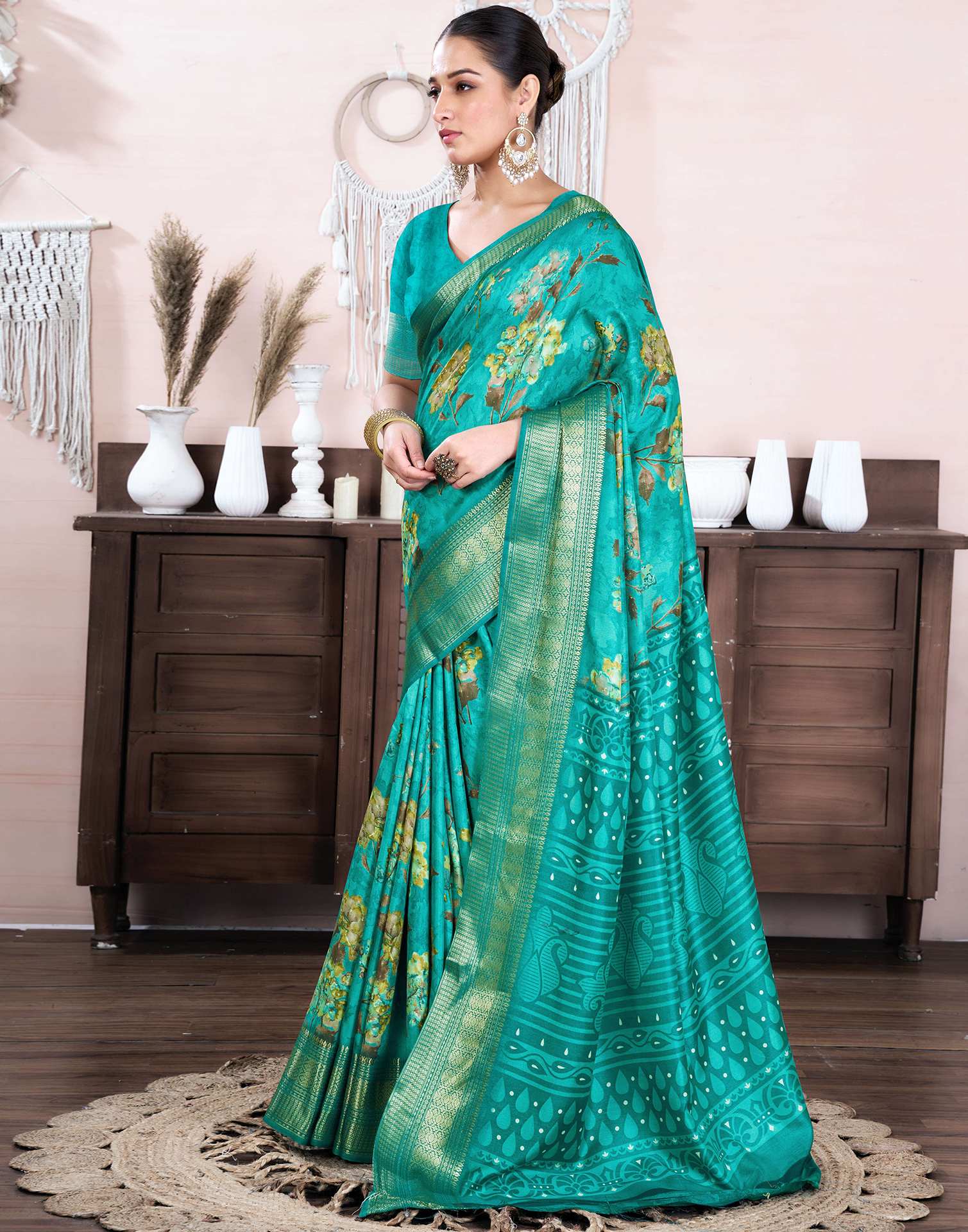 Teal Green Dola Silk Floral Printed Saree