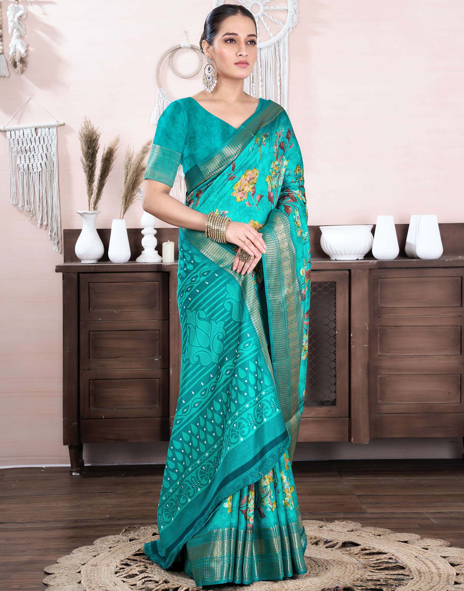 Teal Green Dola Silk Floral Printed Saree
