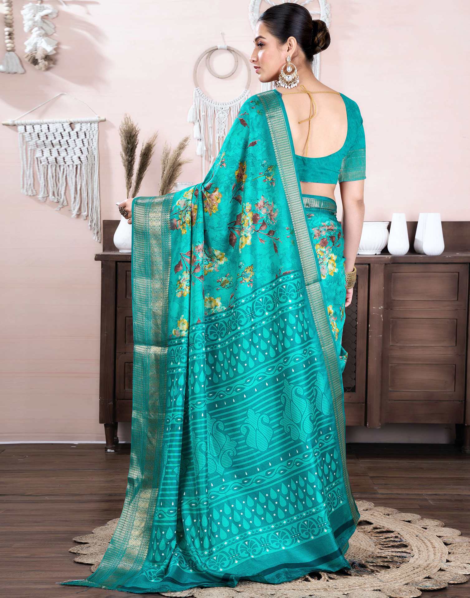 Teal Green Dola Silk Floral Printed Saree