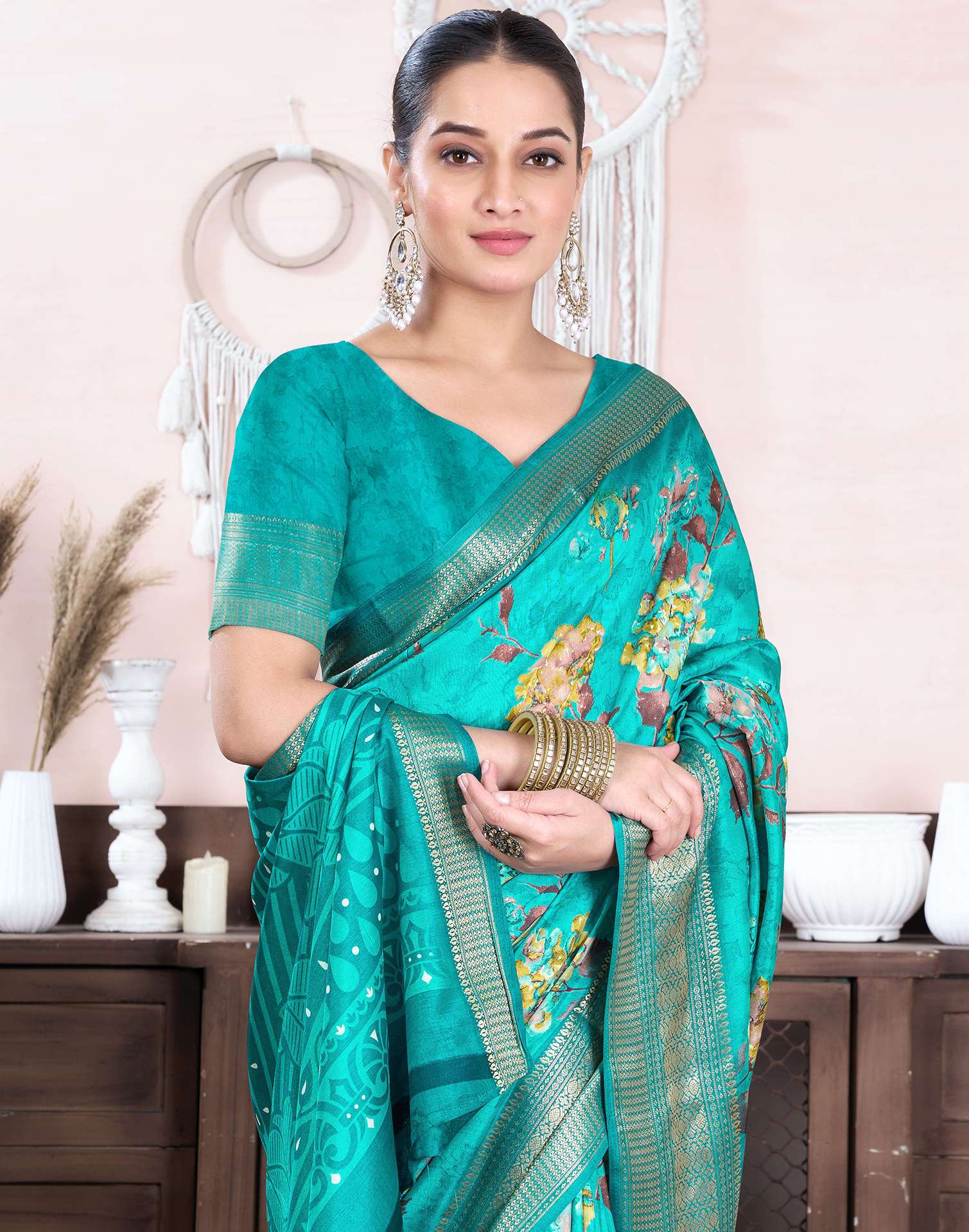 Teal Green Dola Silk Floral Printed Saree
