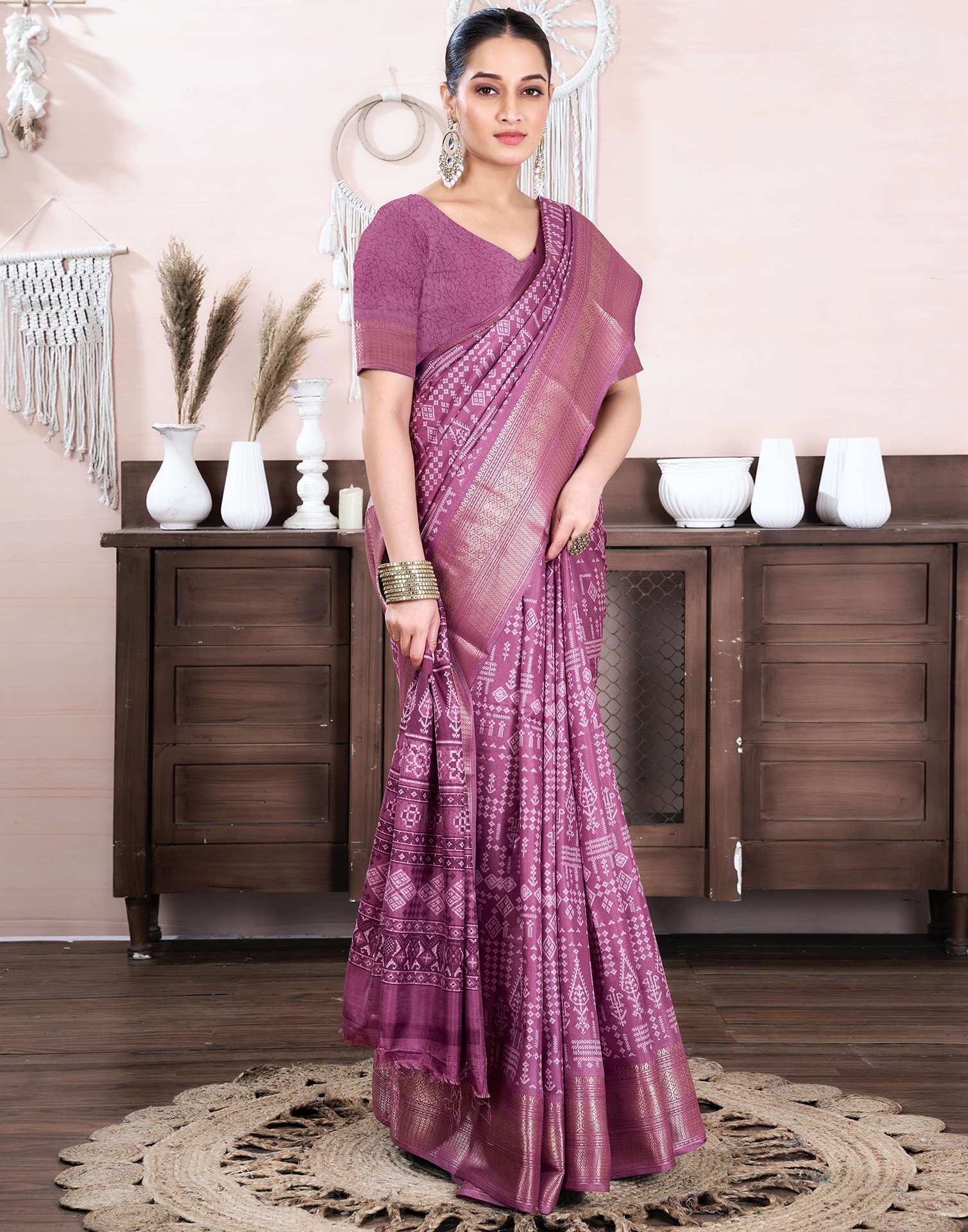 Dusty Purple Dola Silk Floral Printed Saree