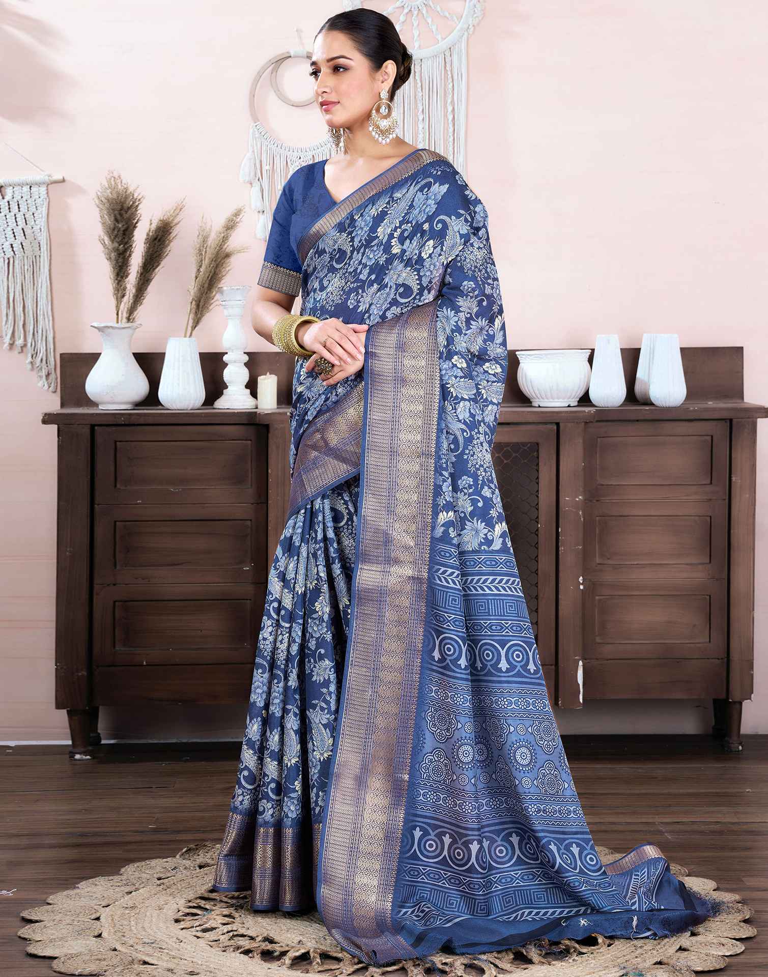 Steel Blue Dola Silk Floral Printed Saree