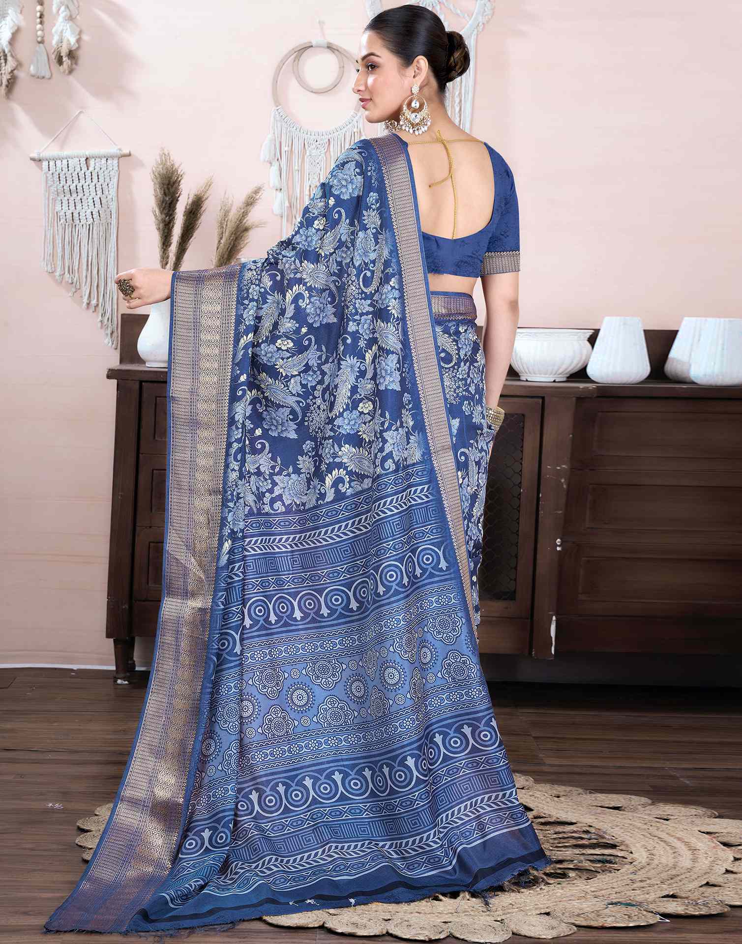 Steel Blue Dola Silk Floral Printed Saree