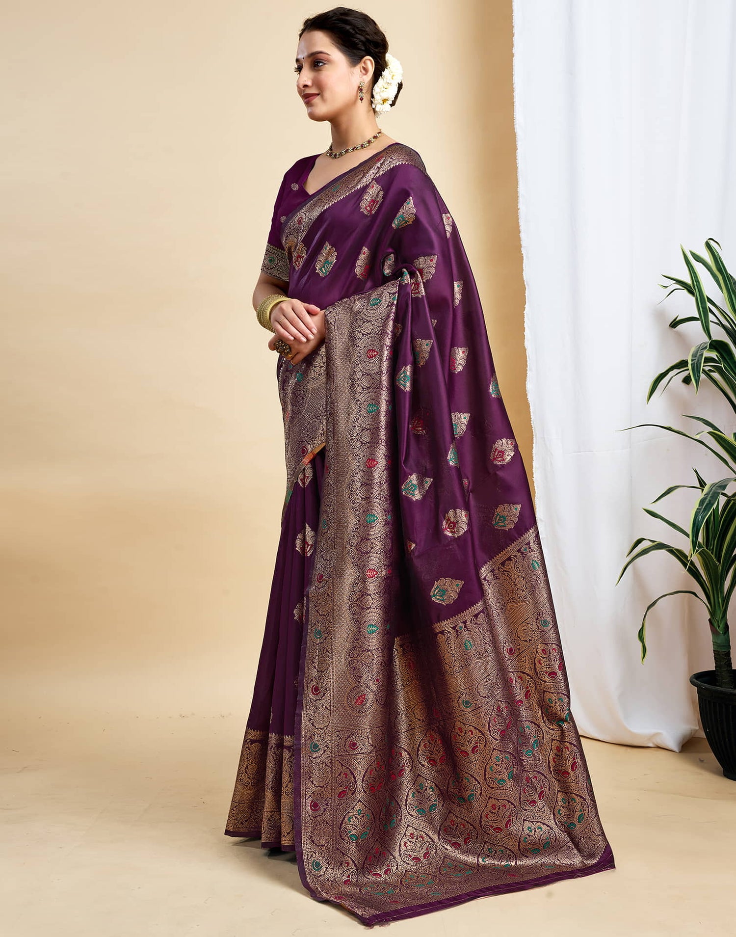 Wine Silk Woven Banarasi Saree