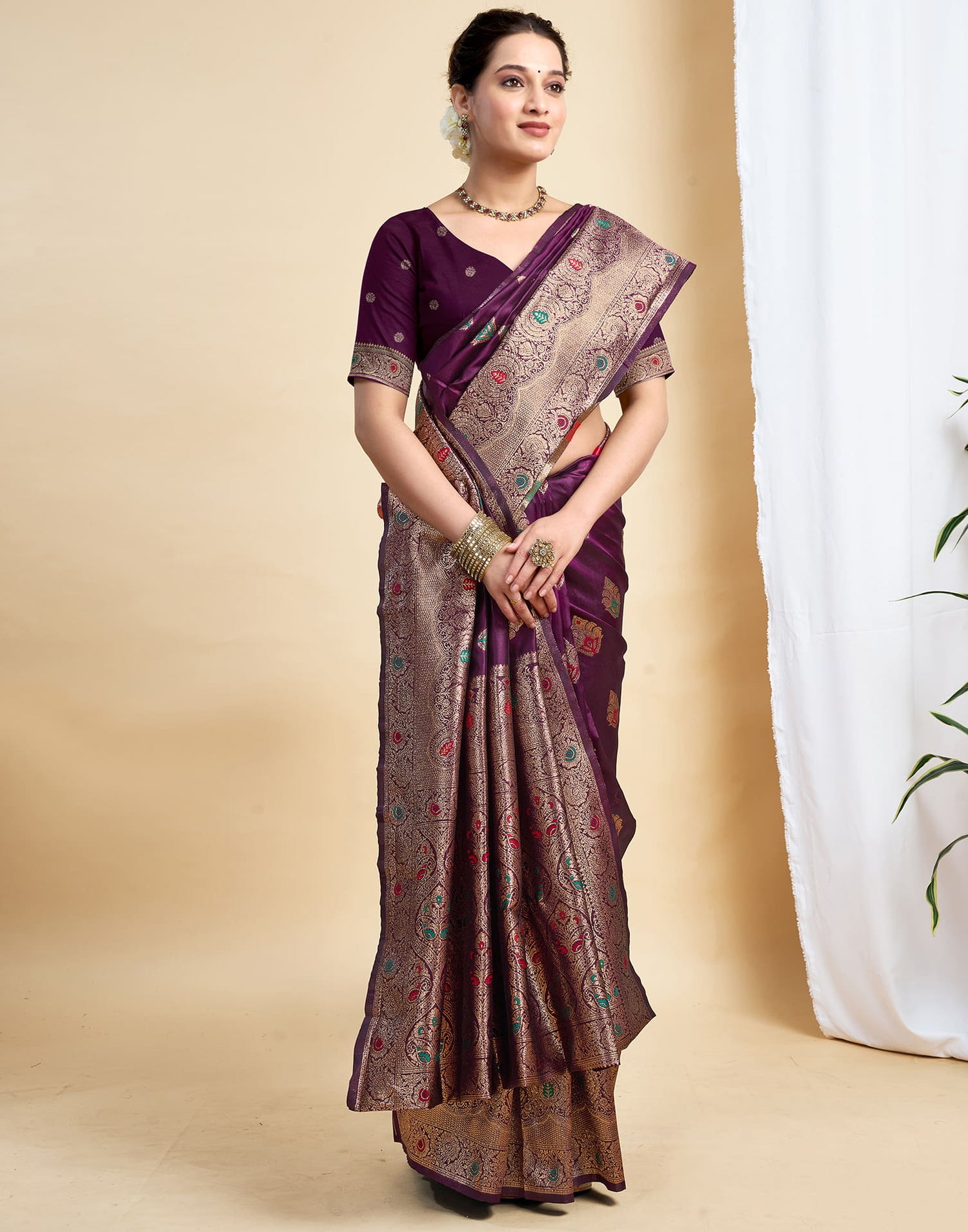 Wine Silk Woven Banarasi Saree