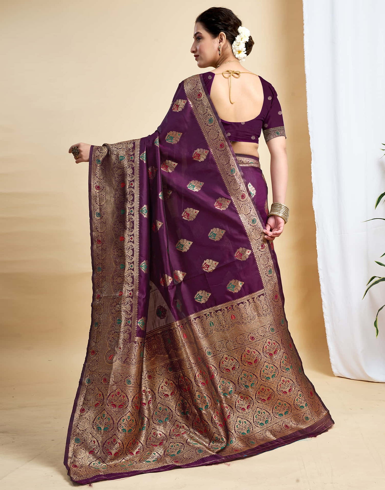Wine Silk Woven Banarasi Saree