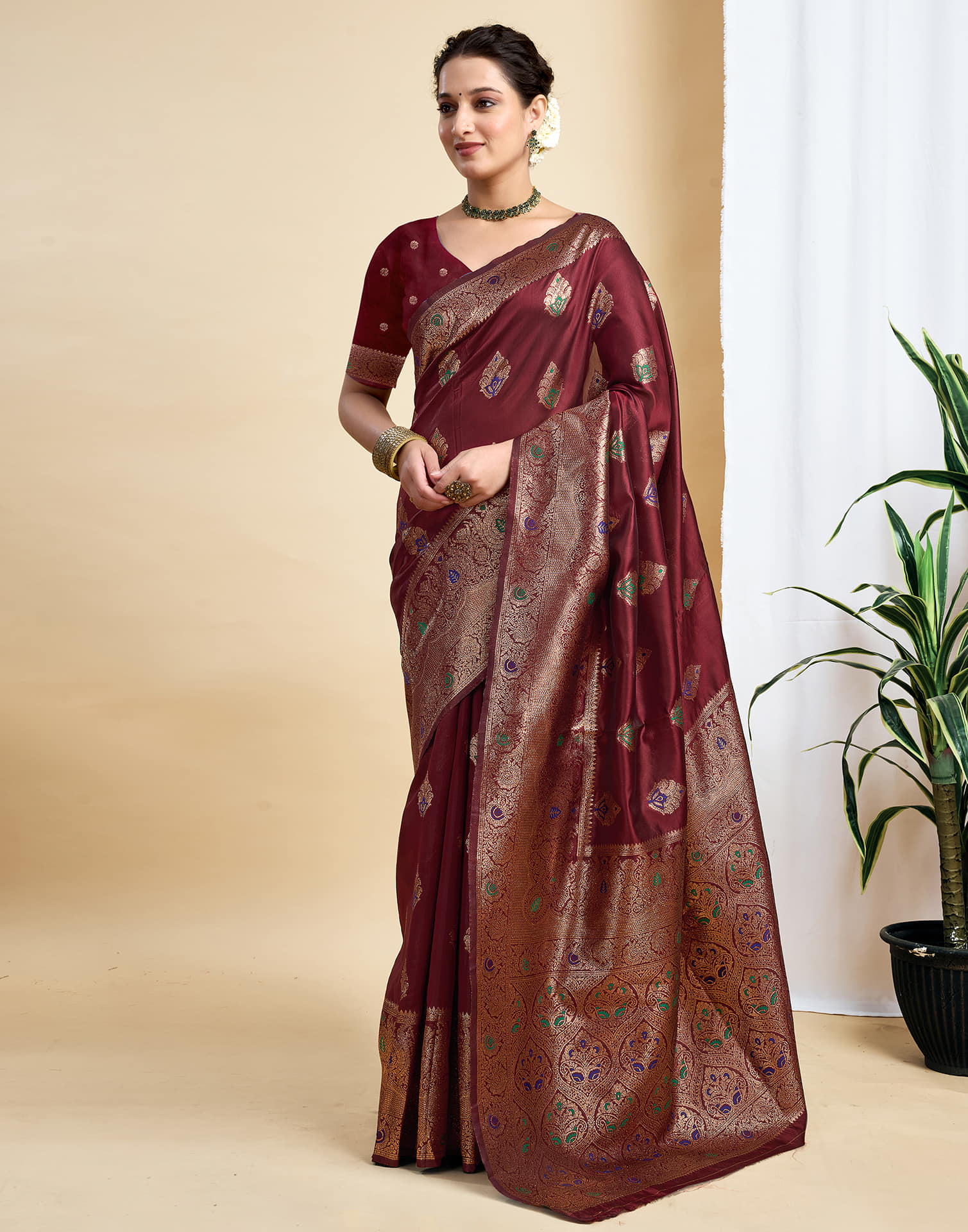 Maroon Silk Woven Banarasi Saree