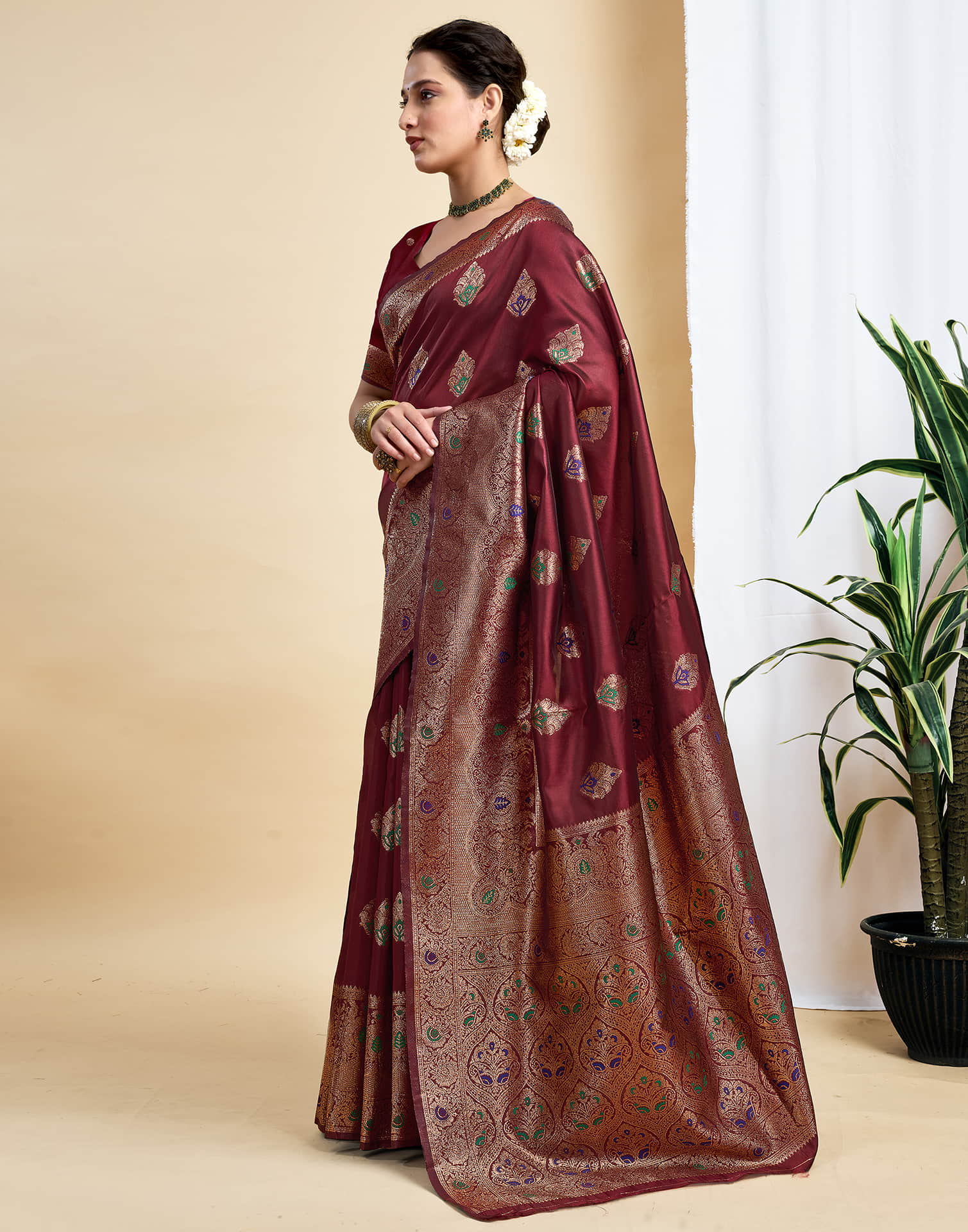 Maroon Silk Woven Banarasi Saree