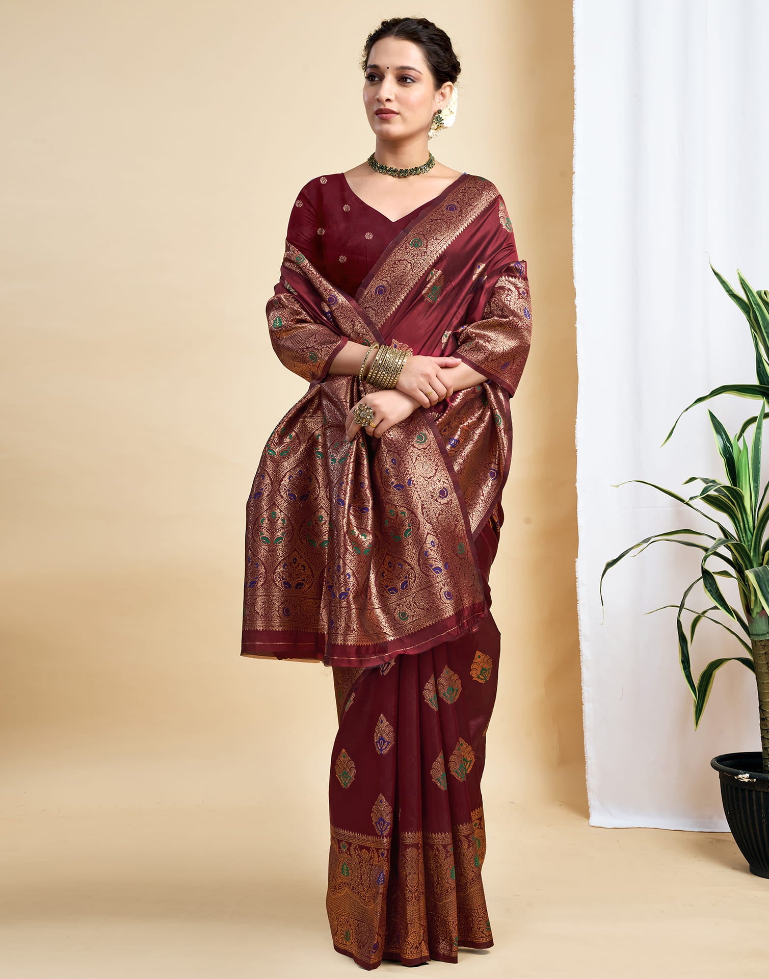 Maroon Silk Woven Banarasi Saree