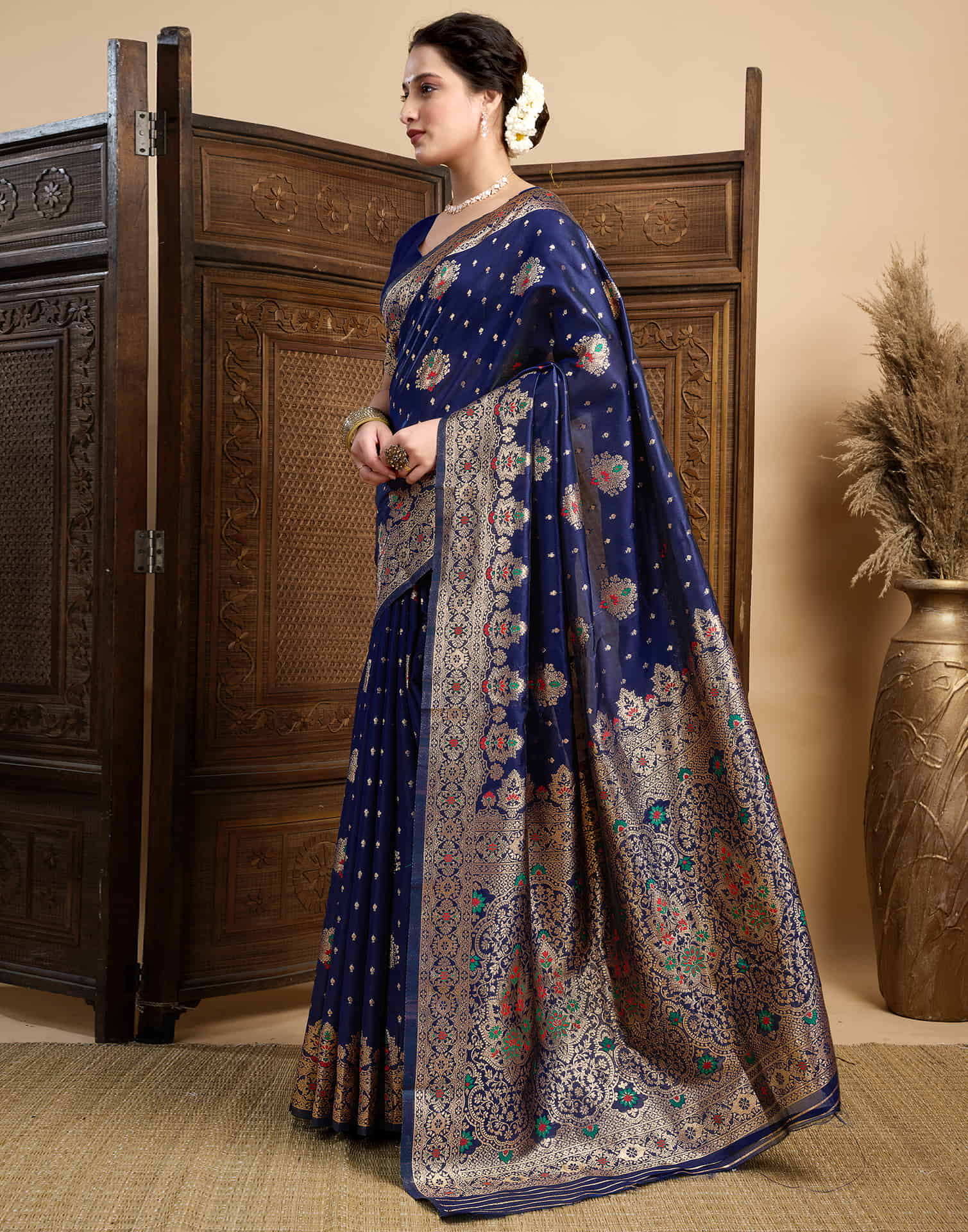 Navy Blue Silk Woven Banarasi Saree