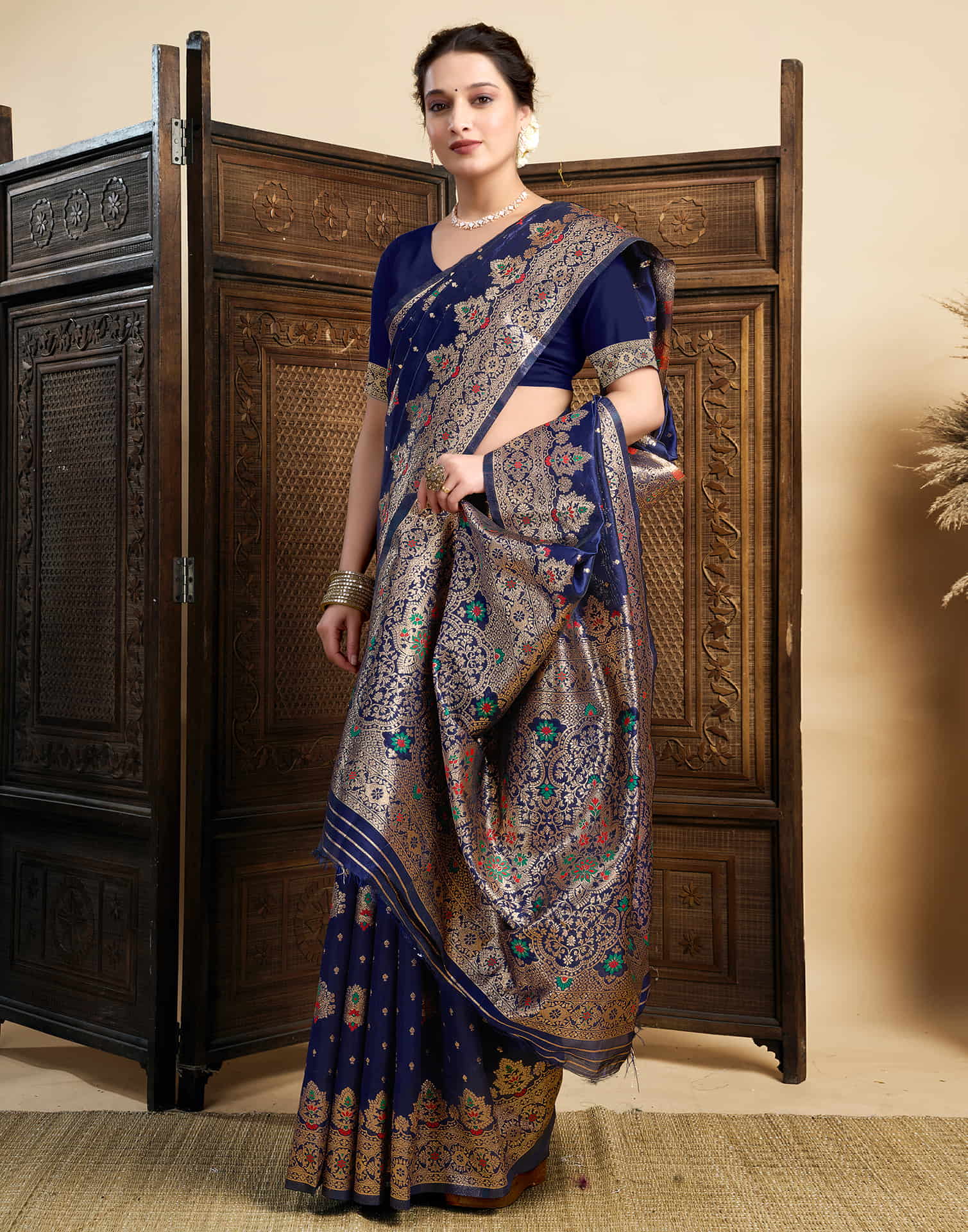 Navy Blue Silk Woven Banarasi Saree