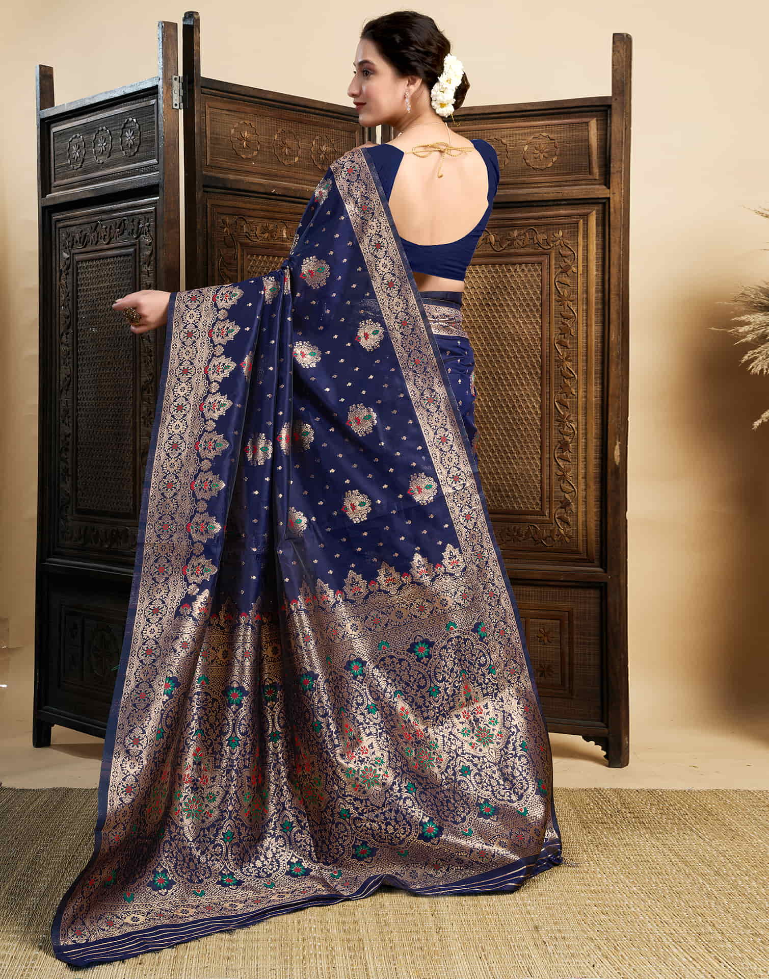 Navy Blue Silk Woven Banarasi Saree