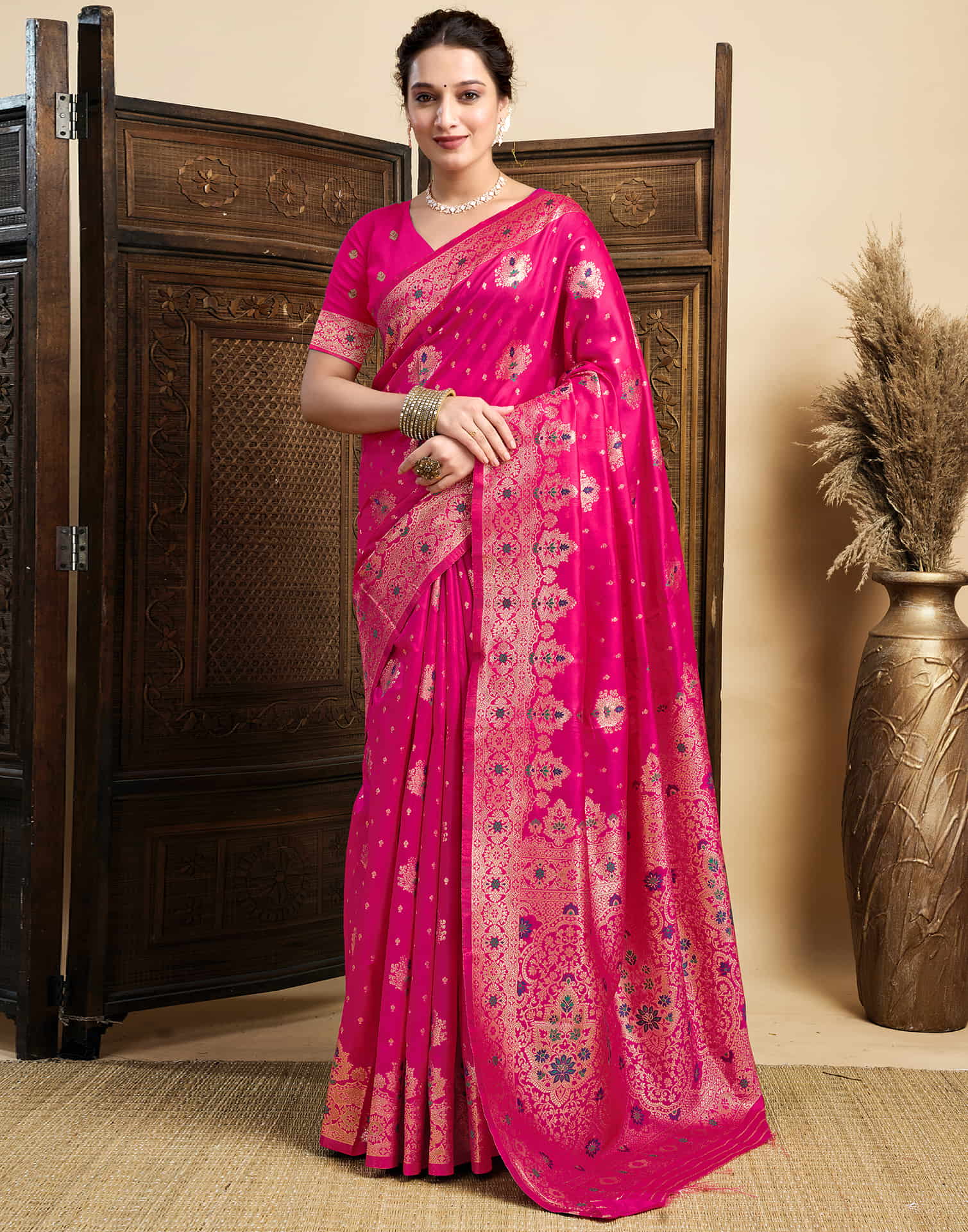 Rani Pink Silk Woven Banarasi Saree