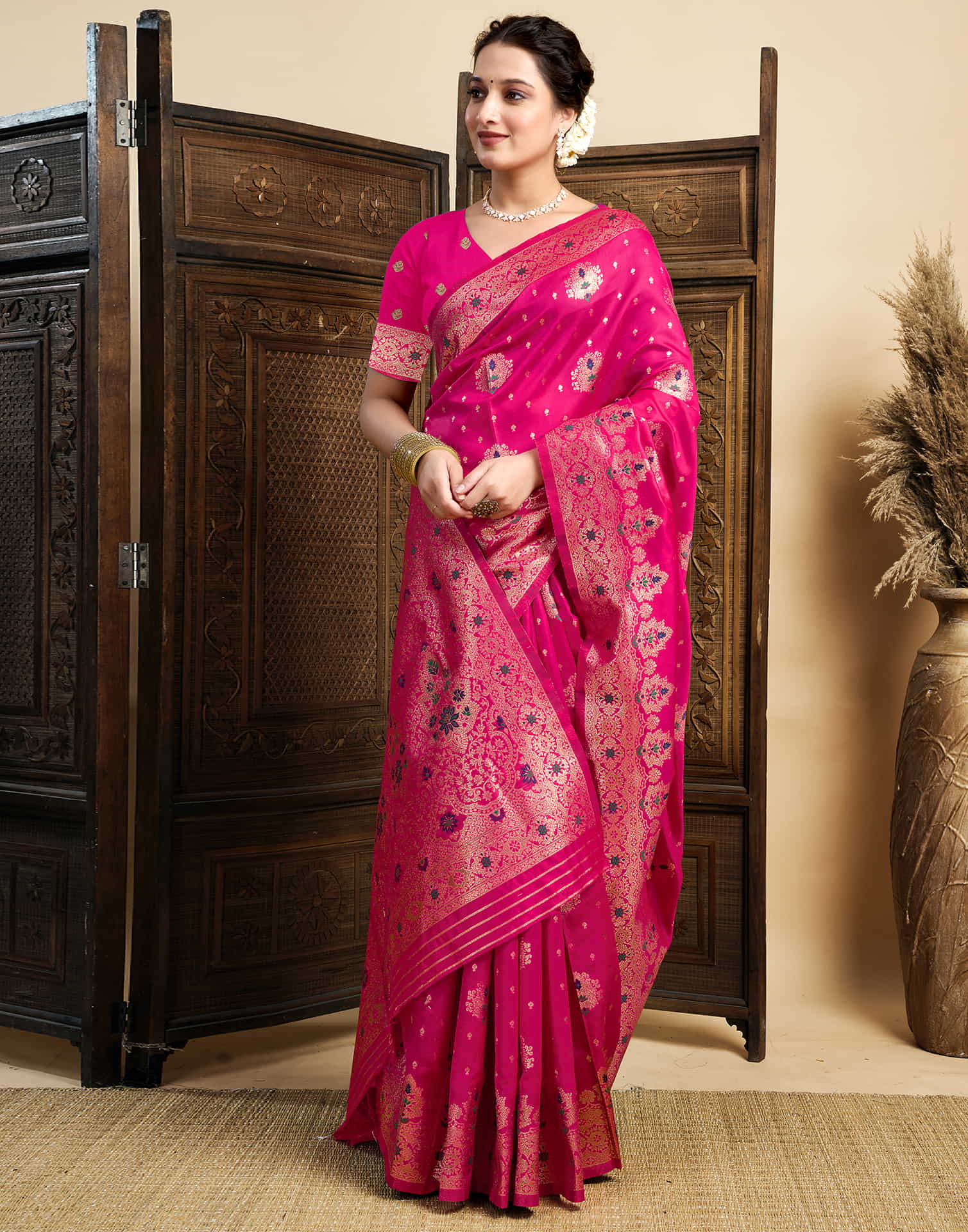 Rani Pink Silk Woven Banarasi Saree