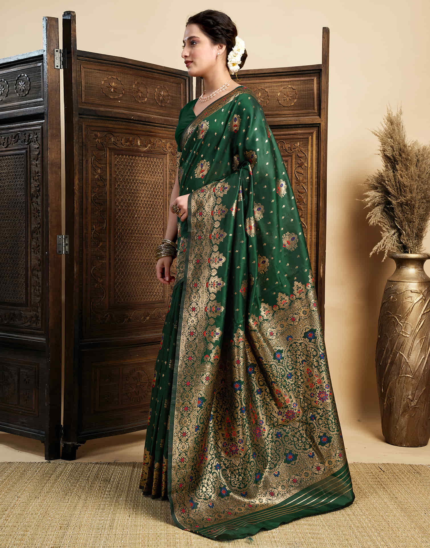 Dark Green Silk Woven Banarasi Saree