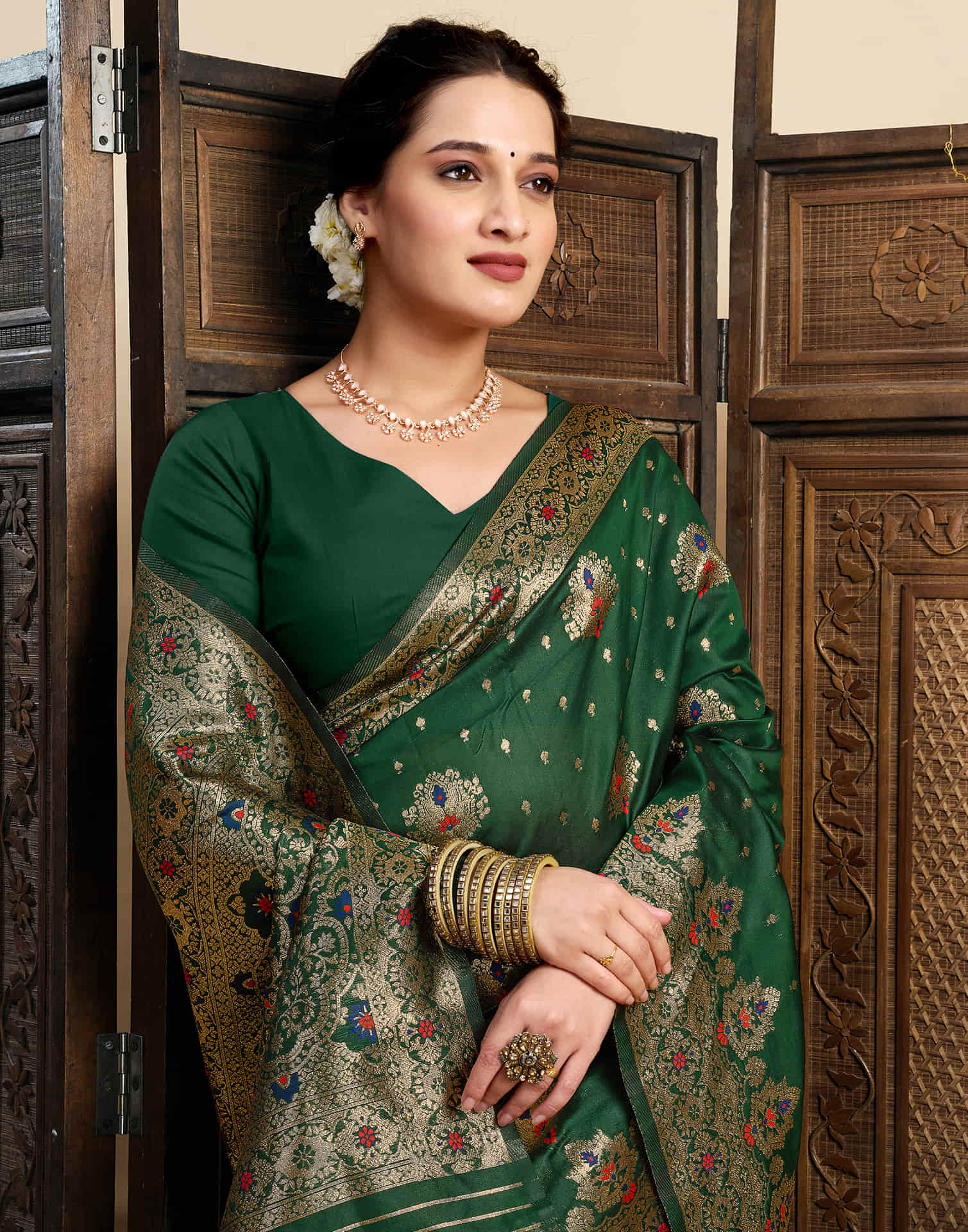 Dark Green Silk Woven Banarasi Saree
