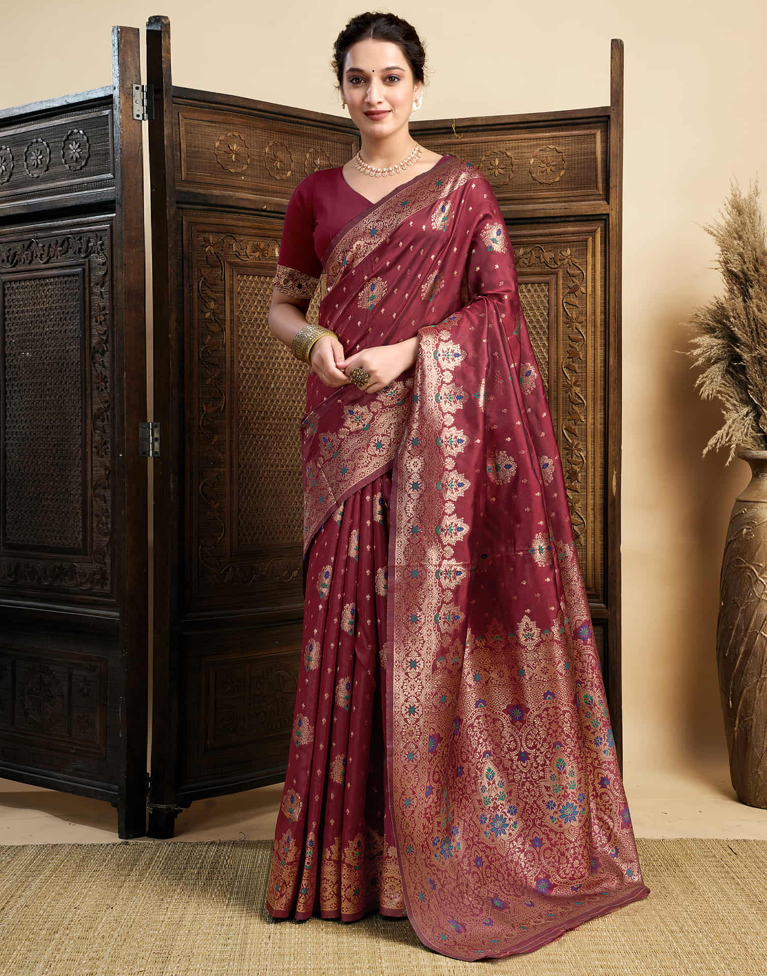 Maroon Silk Woven Banarasi Saree