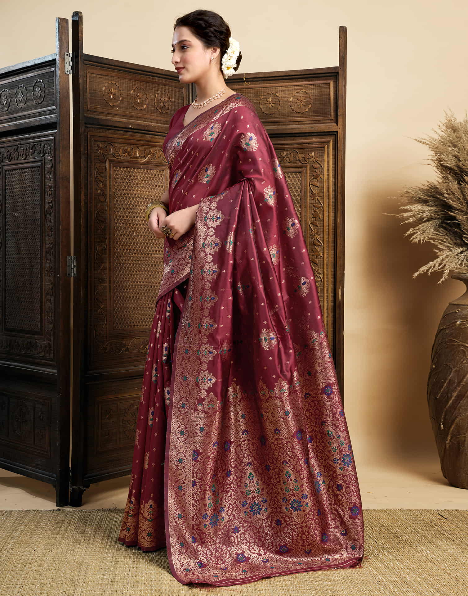 Maroon Silk Woven Banarasi Saree