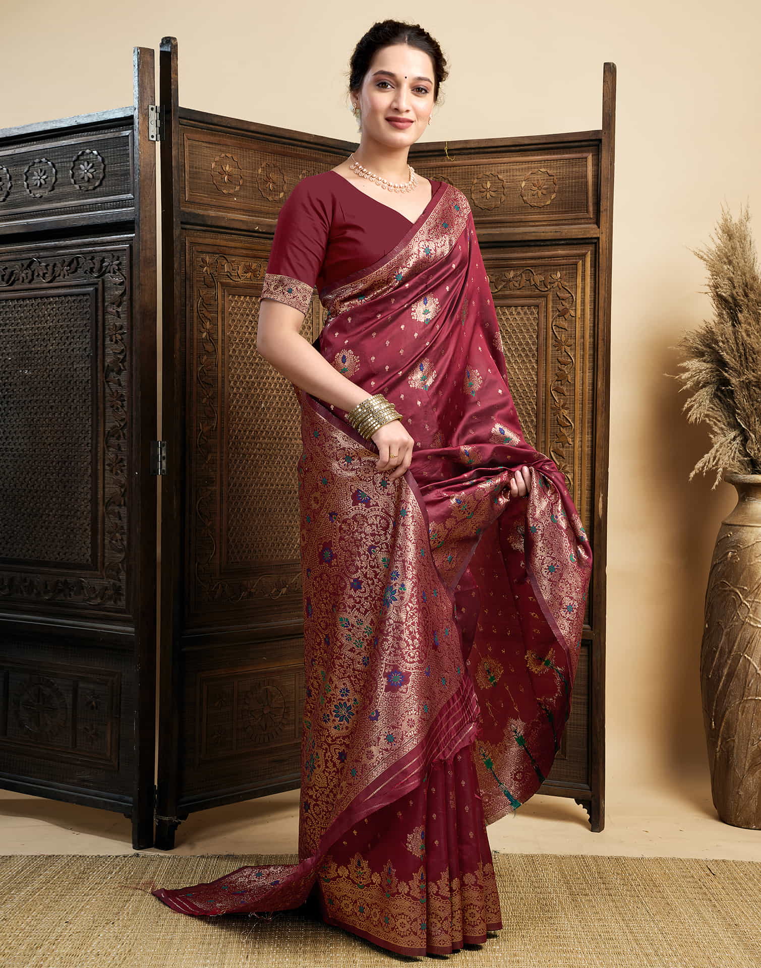Maroon Silk Woven Banarasi Saree