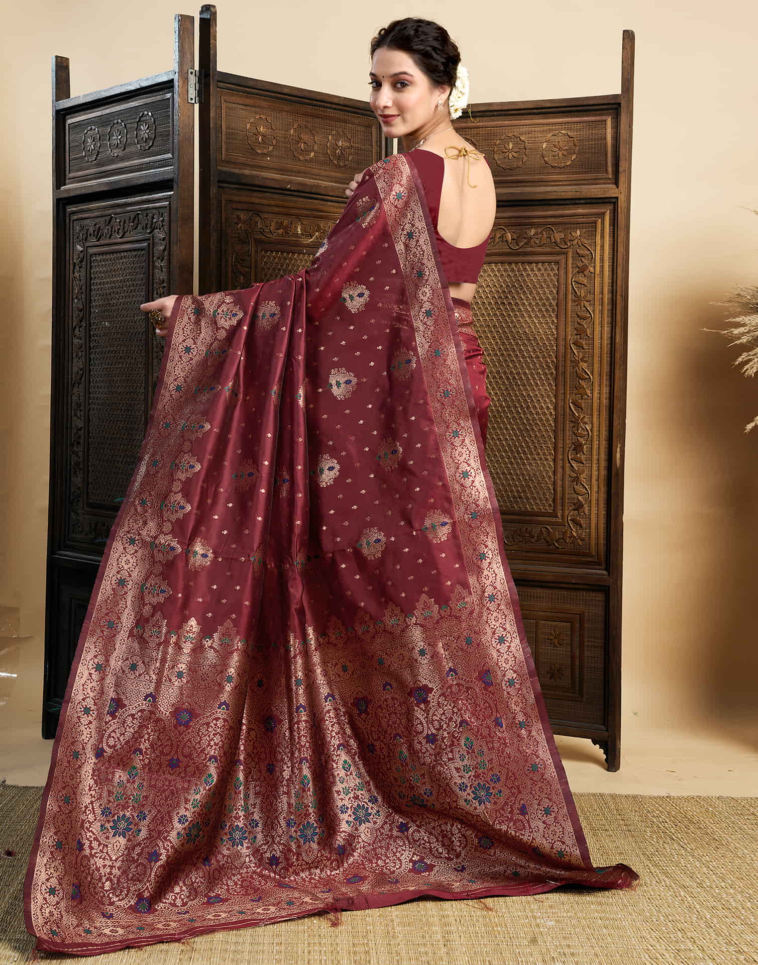 Maroon Silk Woven Banarasi Saree