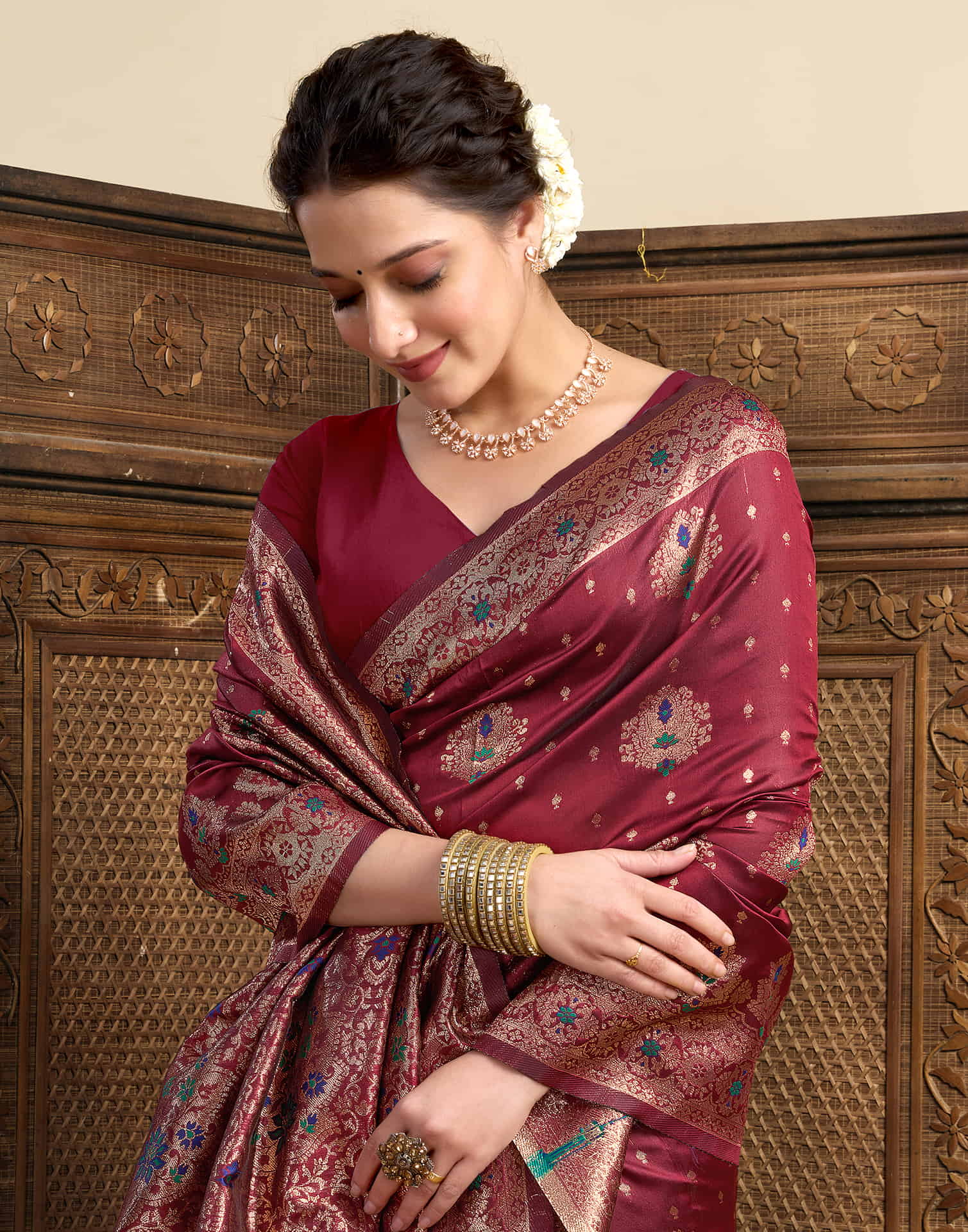 Maroon Silk Woven Banarasi Saree