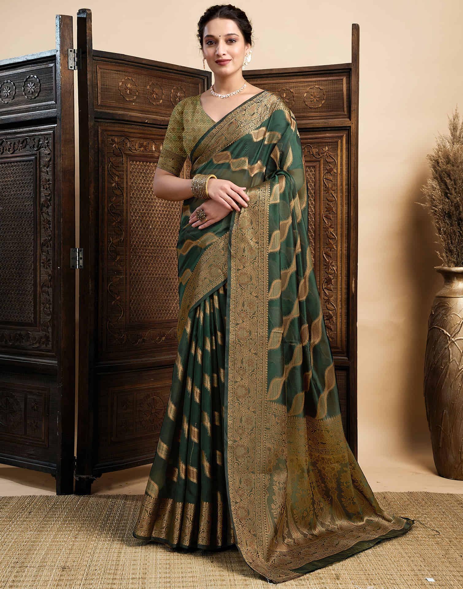 Dark Green Silk Woven Saree