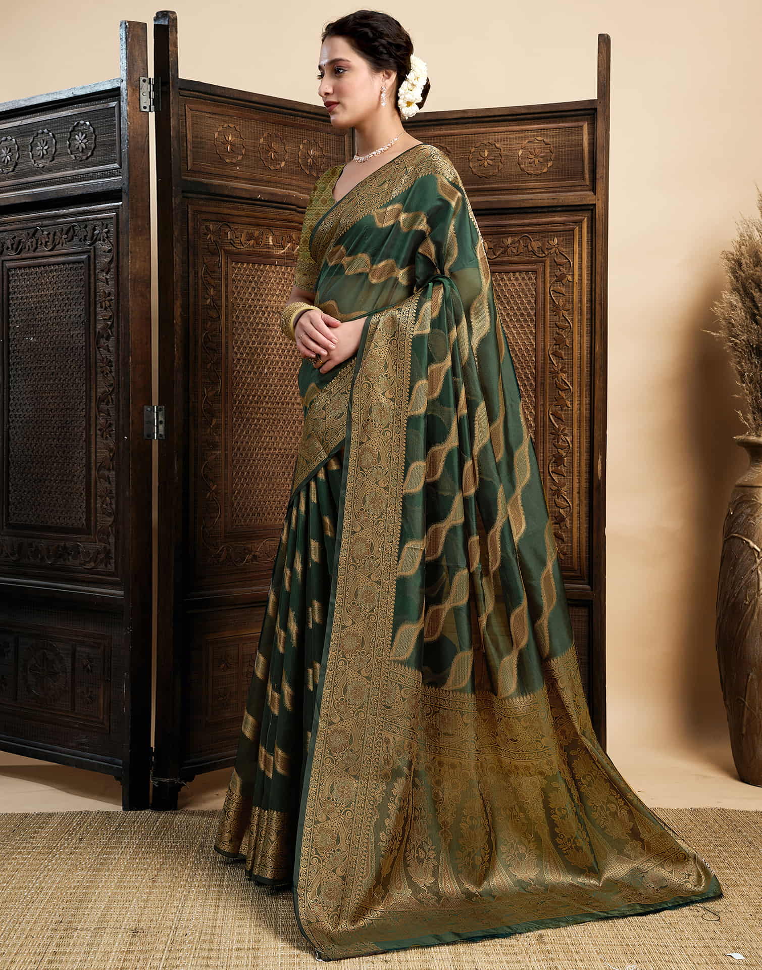 Dark Green Silk Woven Saree