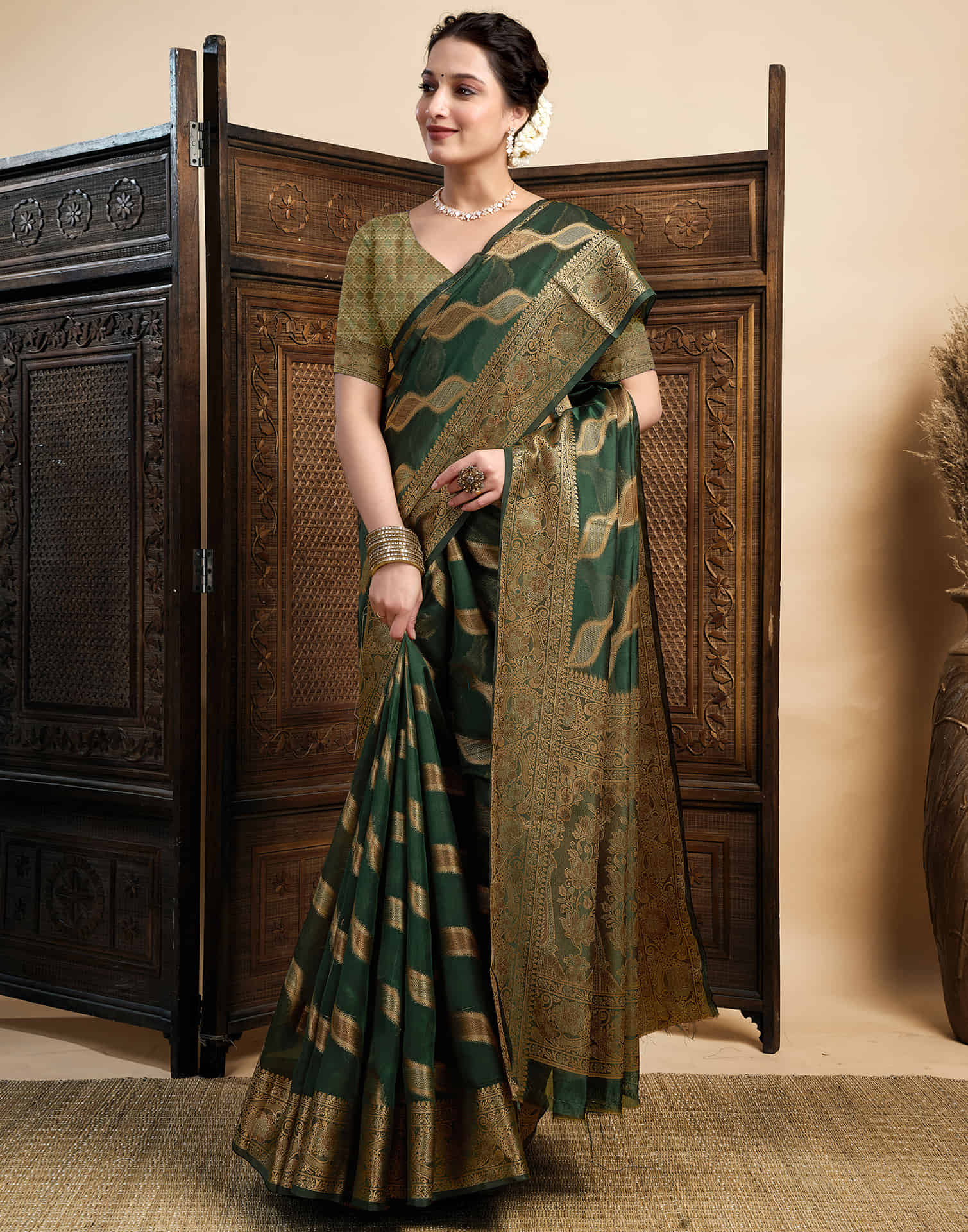 Dark Green Silk Woven Saree
