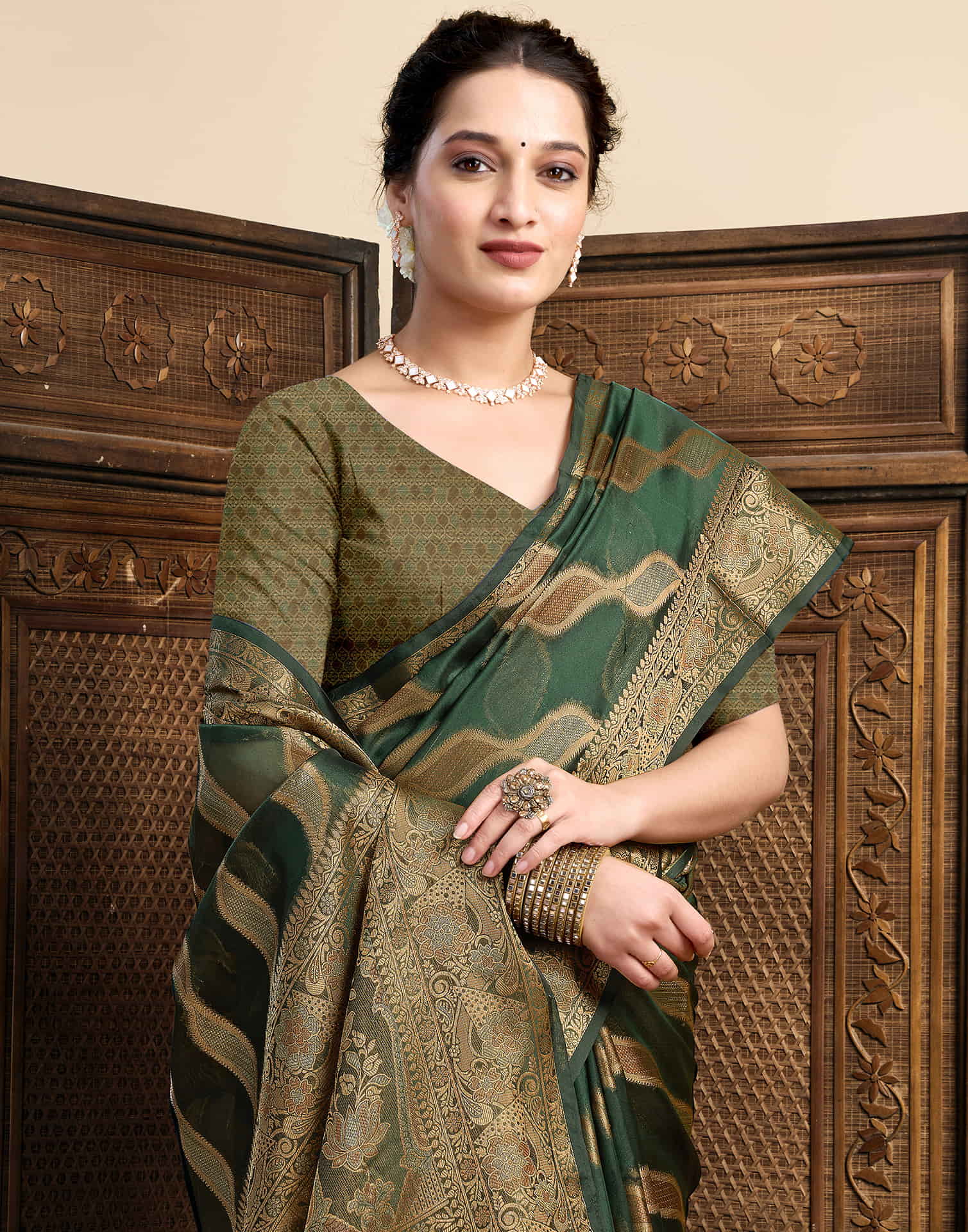 Dark Green Silk Woven Saree