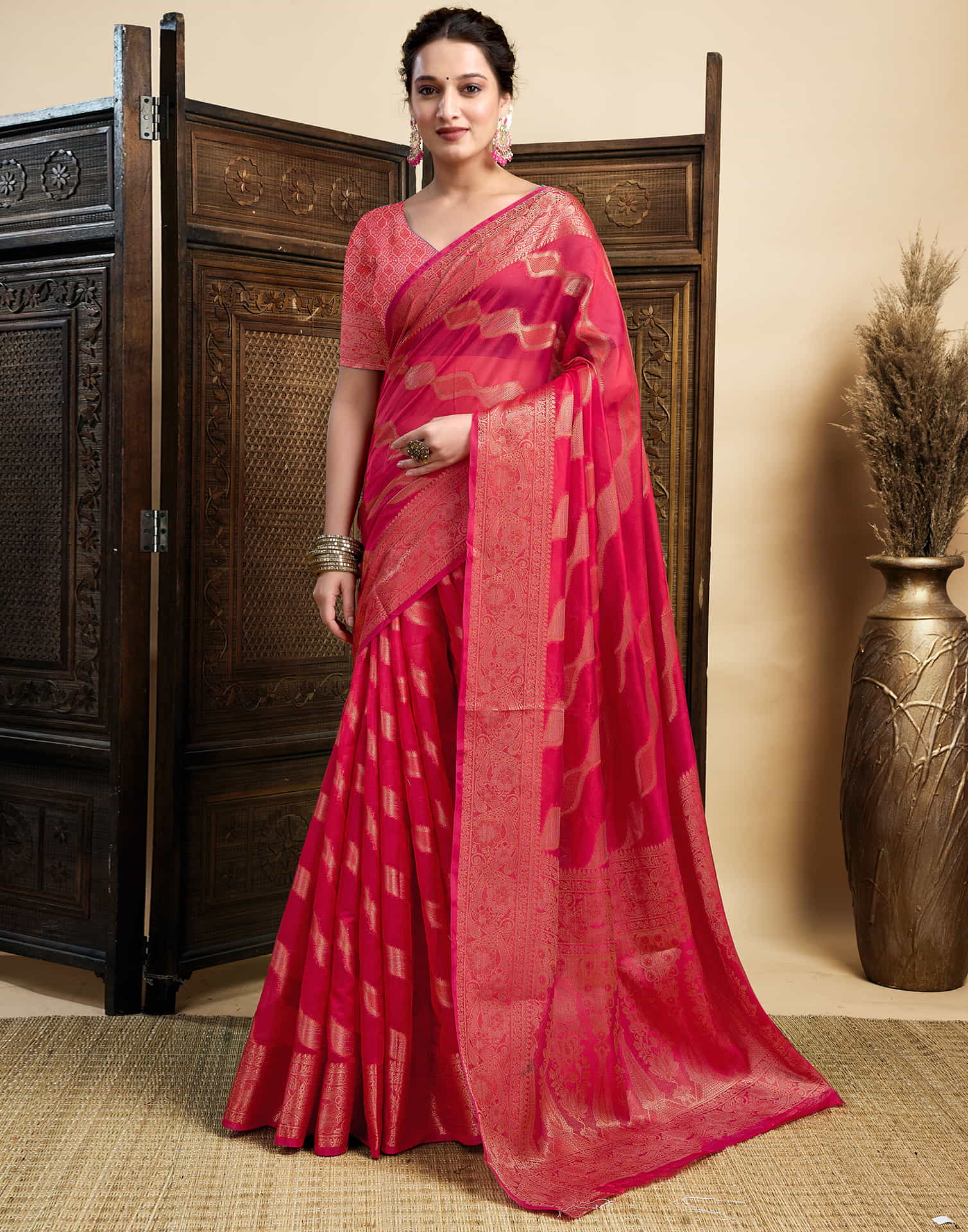 Ruby Red Silk Woven Saree