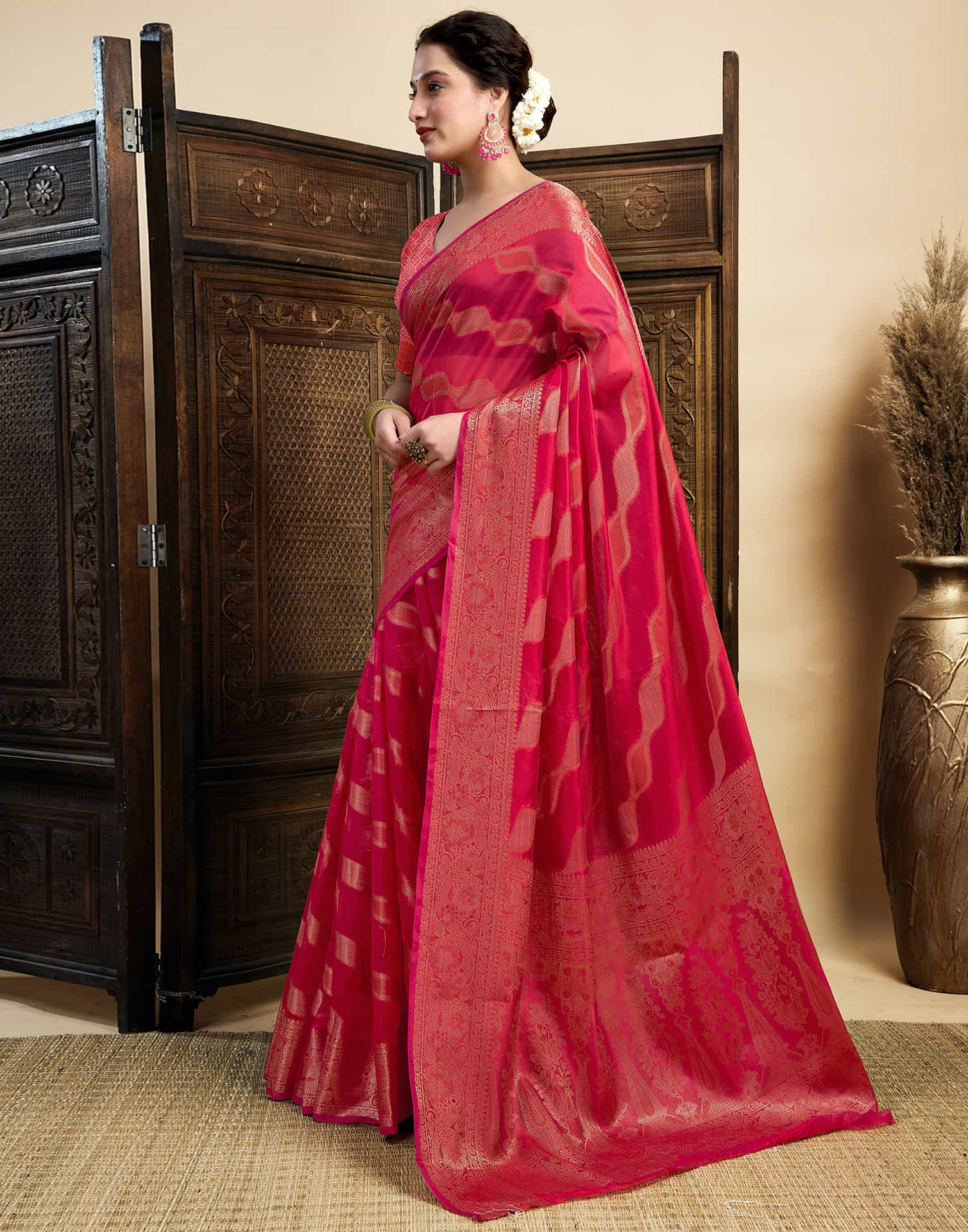 Ruby Red Silk Woven Saree