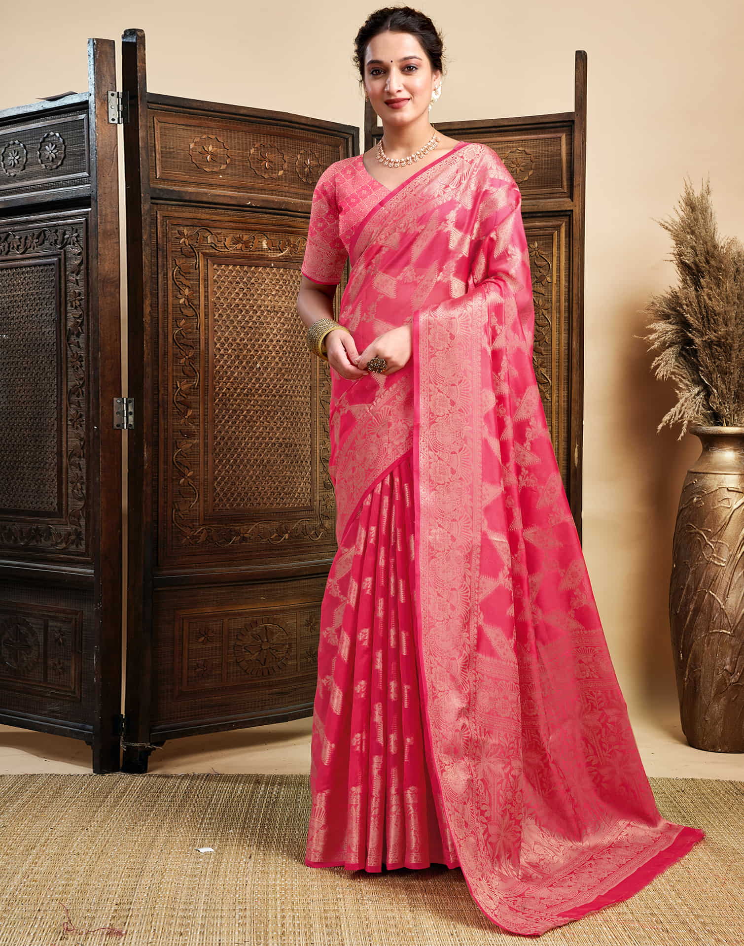 Pink Silk Woven Saree