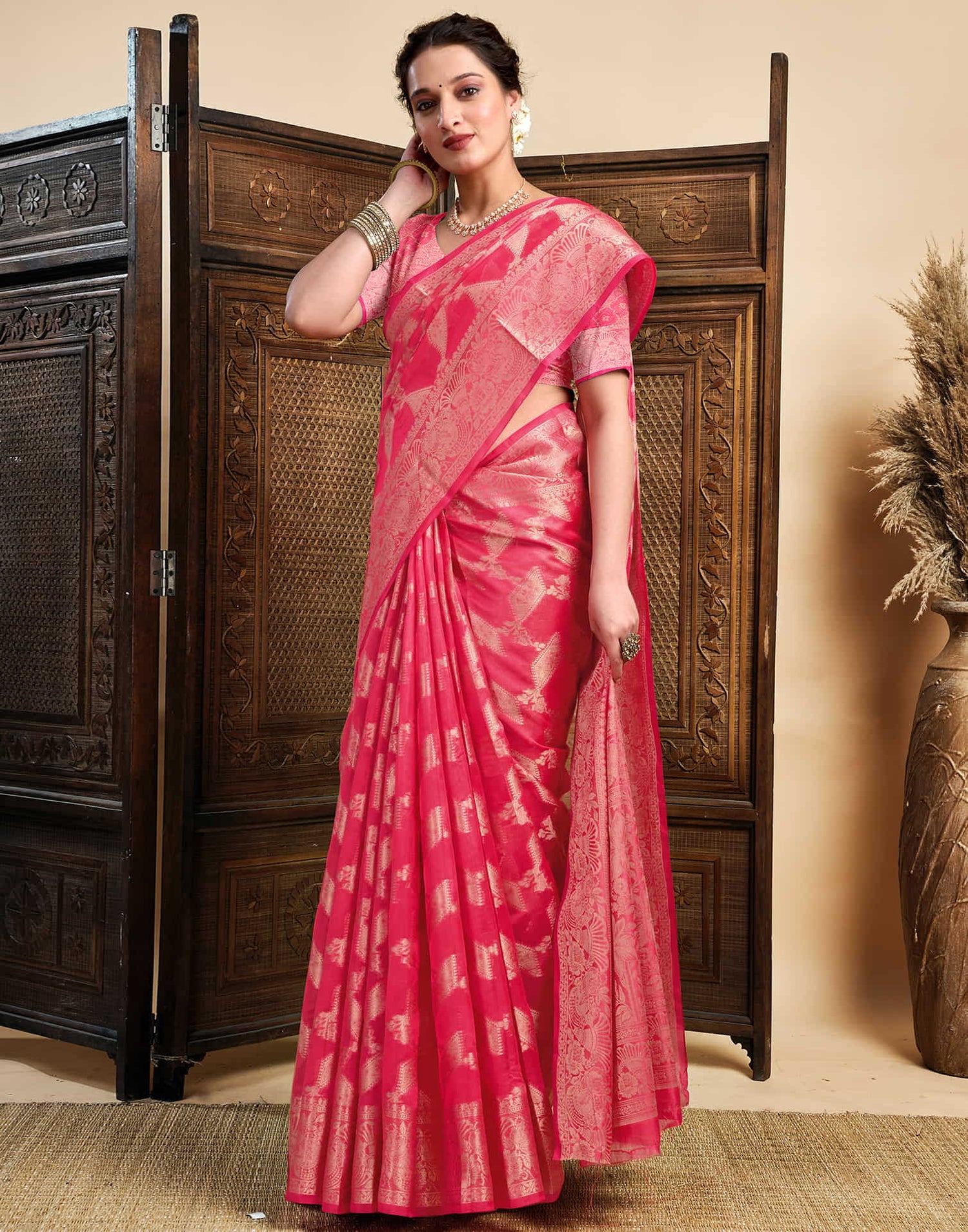 Pink Silk Woven Saree