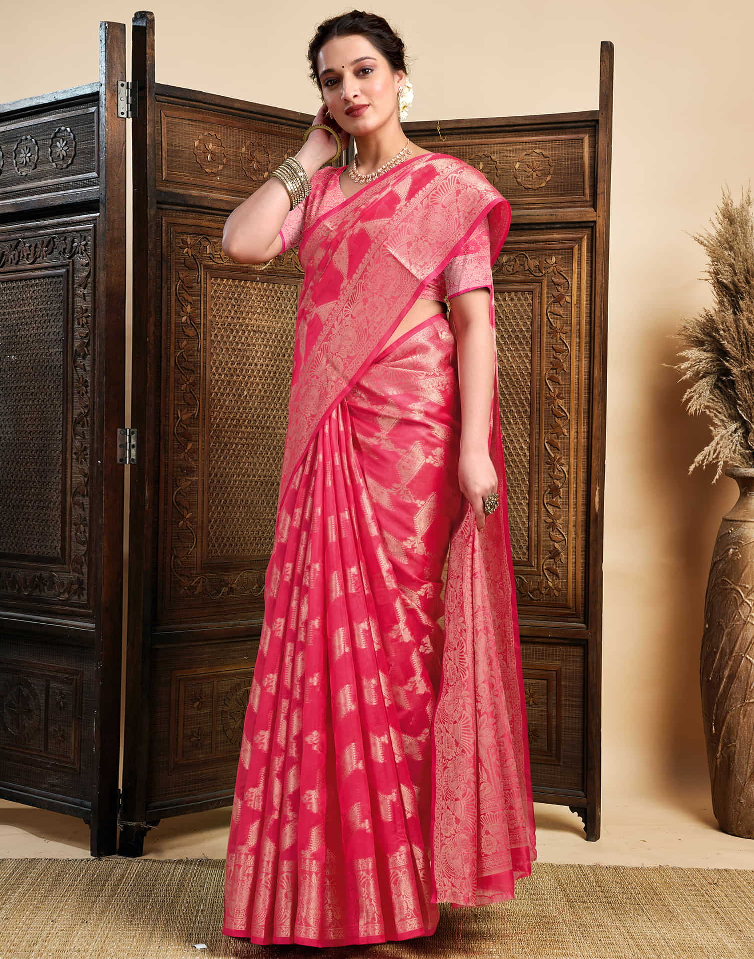 Pink Silk Woven Saree