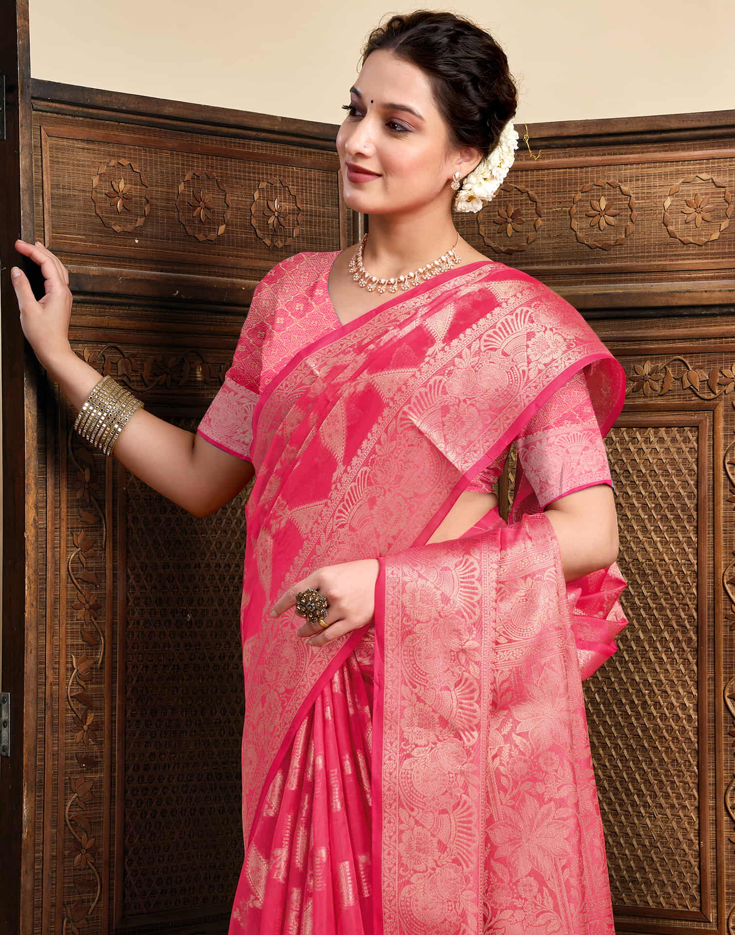 Pink Silk Woven Saree