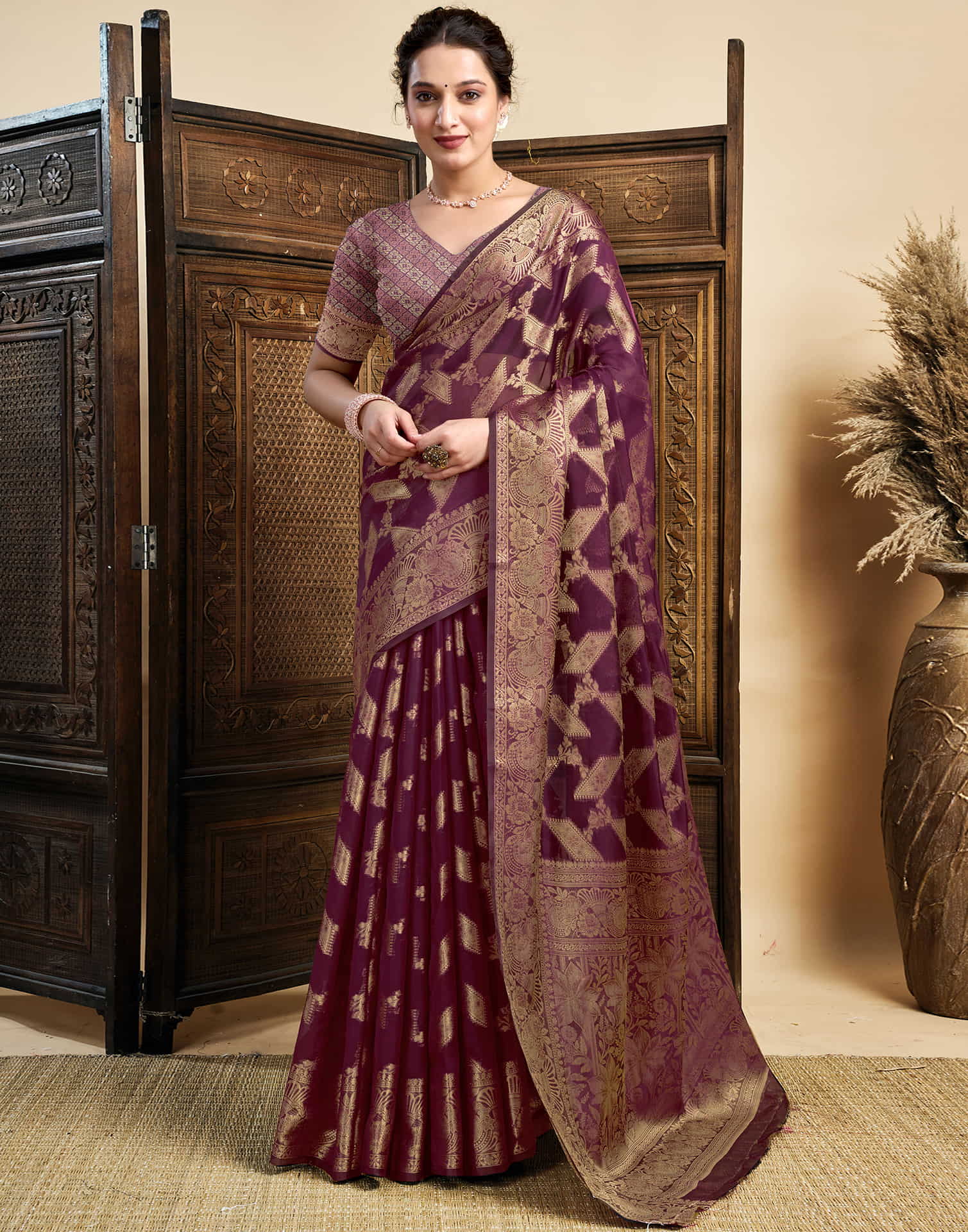 Wine Silk Woven Saree