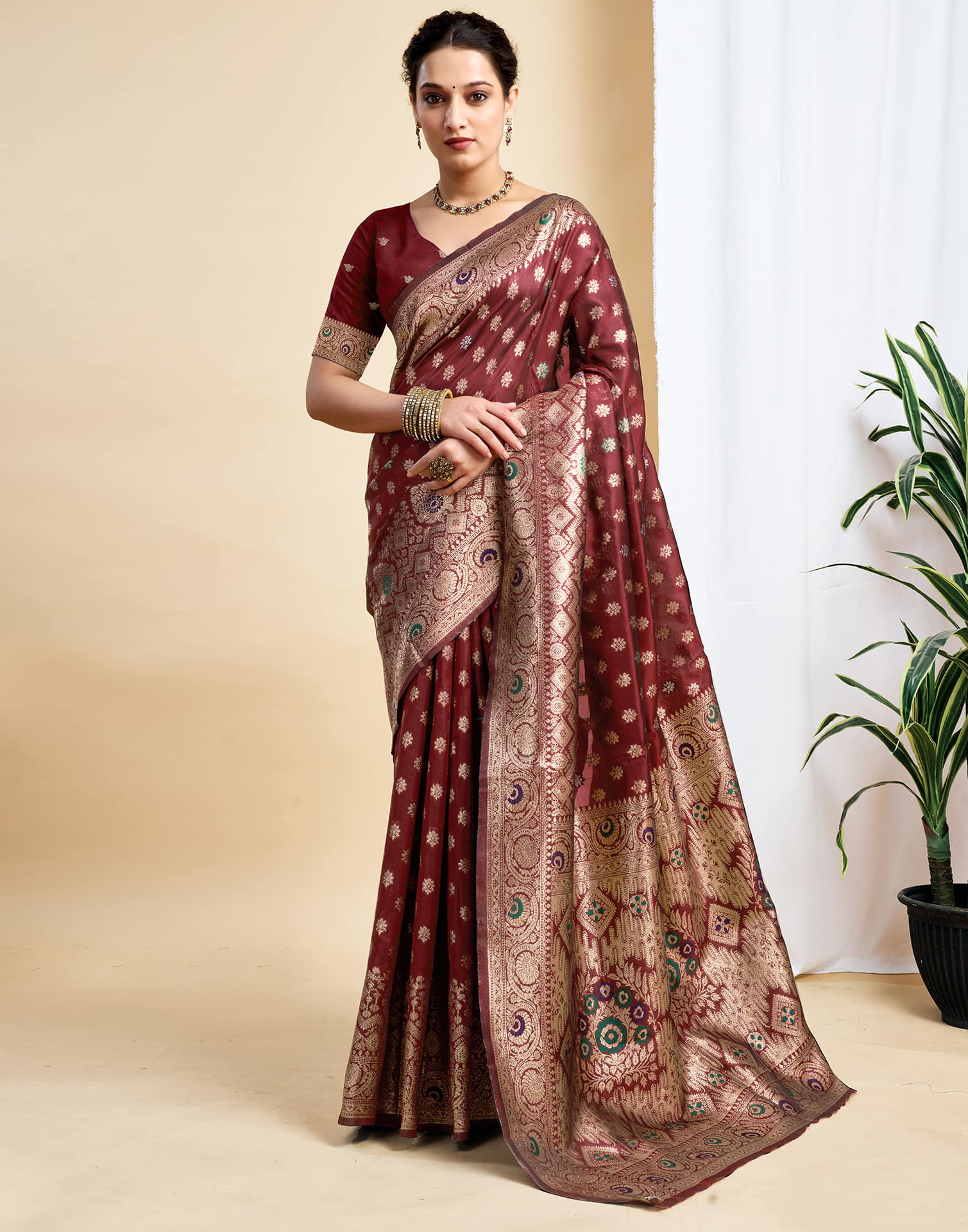 Maroon Silk Woven Banarasi Saree