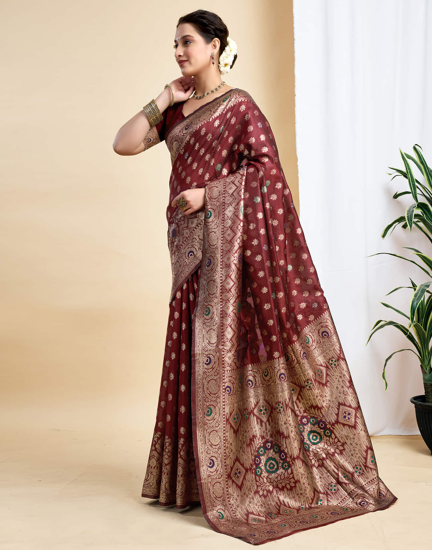 Maroon Silk Woven Banarasi Saree