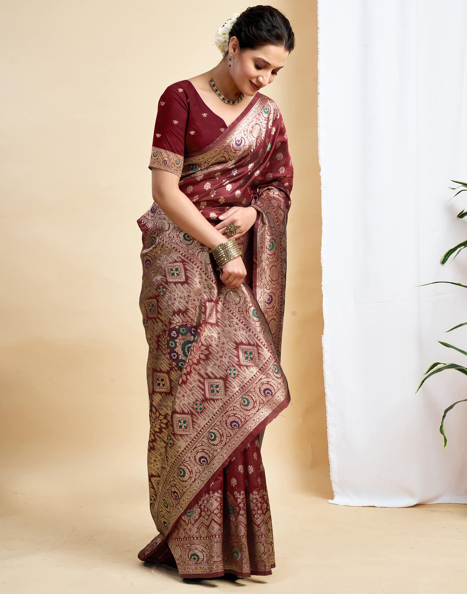 Maroon Silk Woven Banarasi Saree