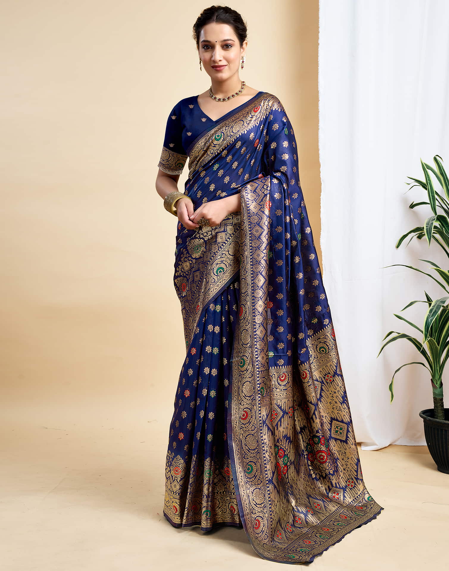 Navy Blue Silk Woven Banarasi Saree
