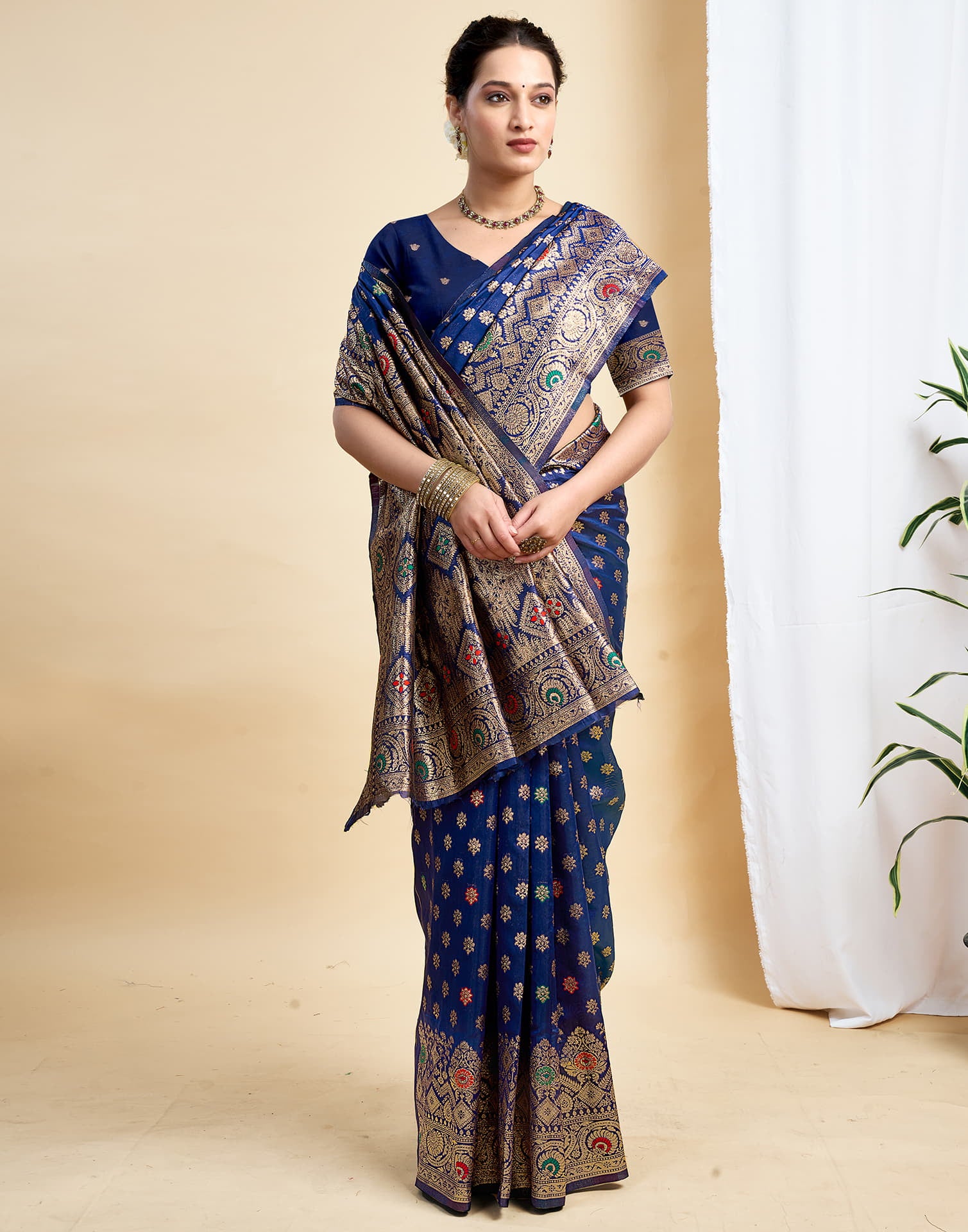 Navy Blue Silk Woven Banarasi Saree