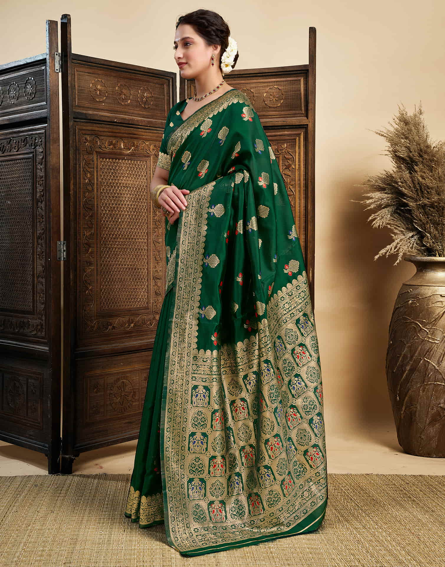 Dark Green Silk Woven Banarasi Saree