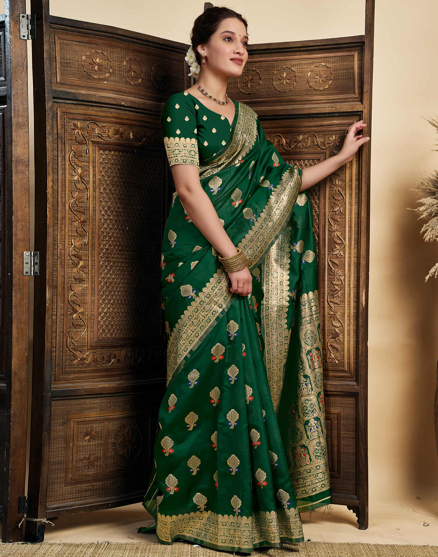 Dark Green Silk Woven Banarasi Saree