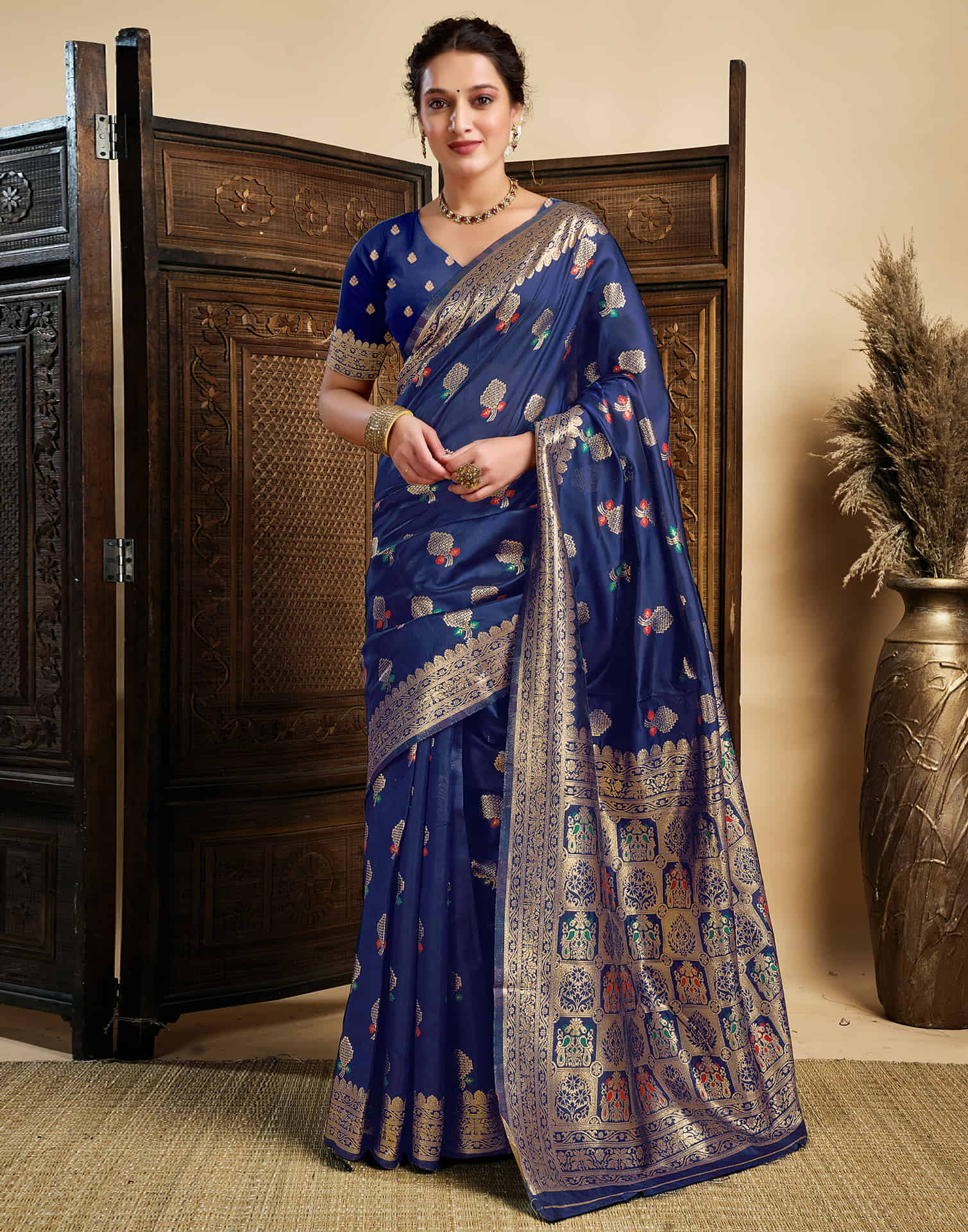 Navy Blue Silk Woven Banarasi Saree